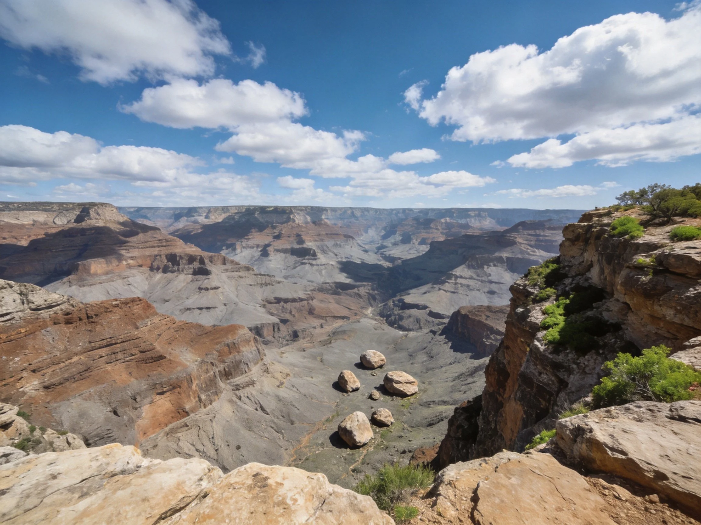 A vast canyon with layered rockycliffs and bright blue skies