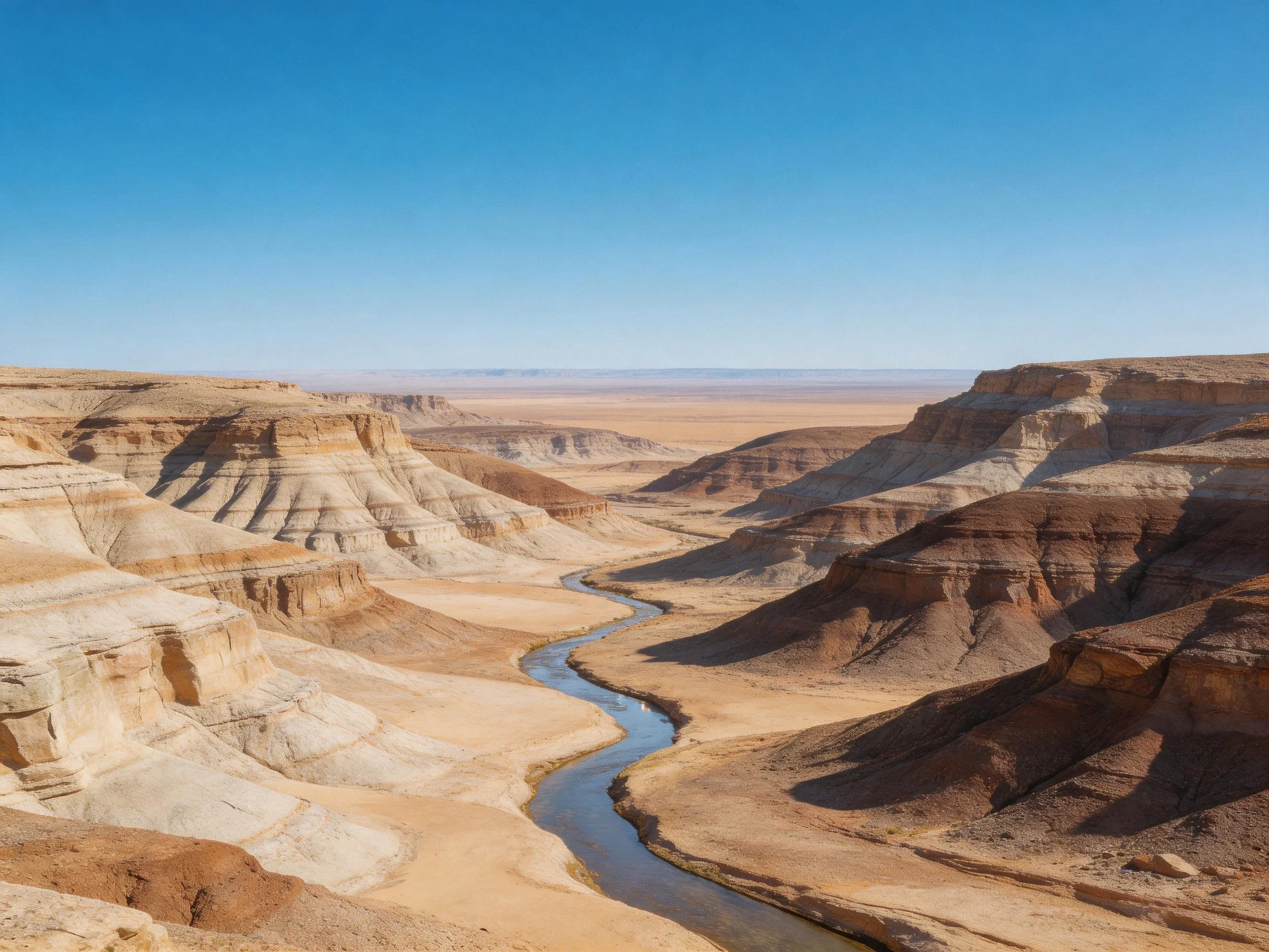 A vast desert canyon with layered rock formations and a winding river