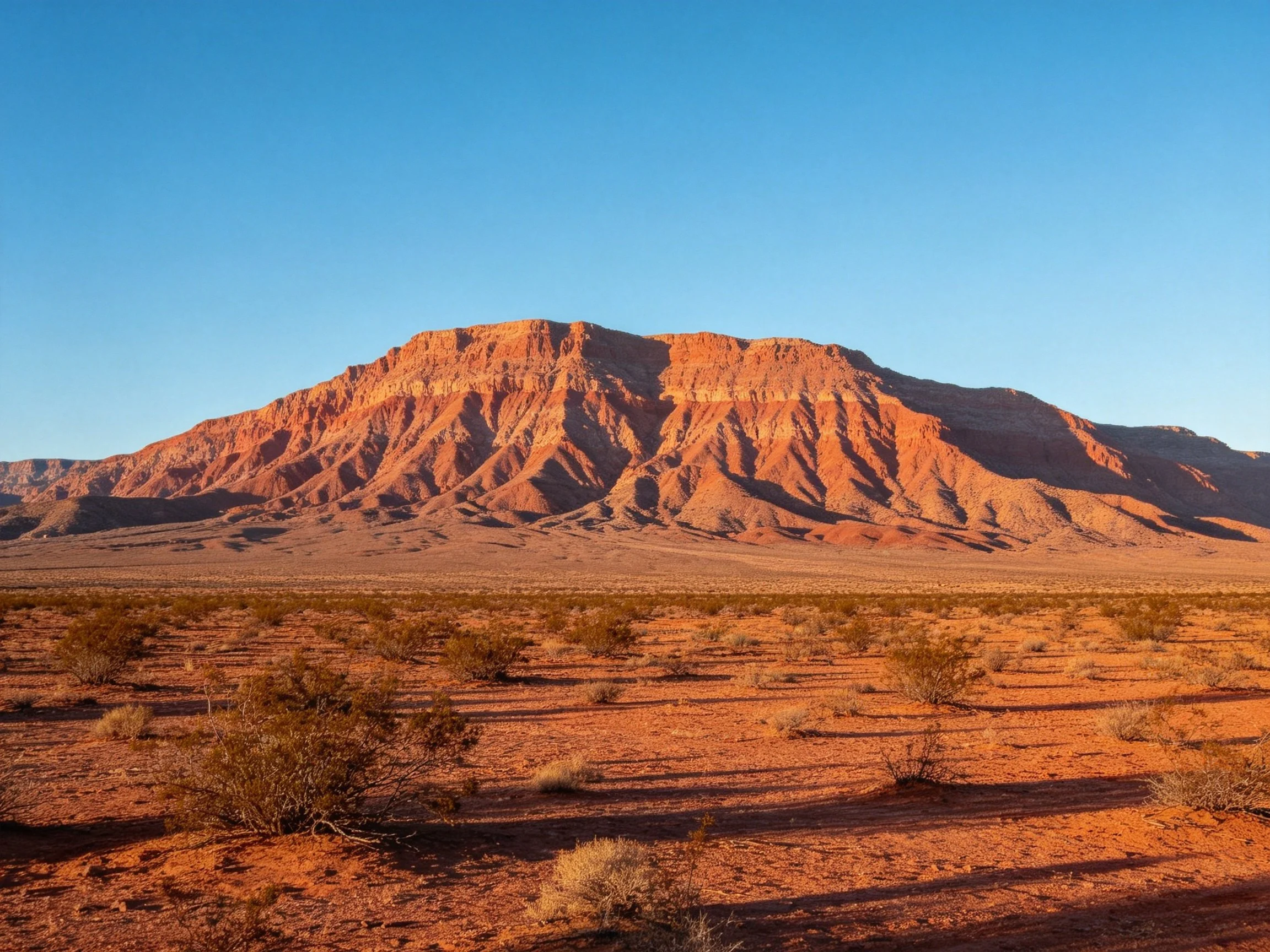 A vast desert landscape with reddish-brown rocky mountains