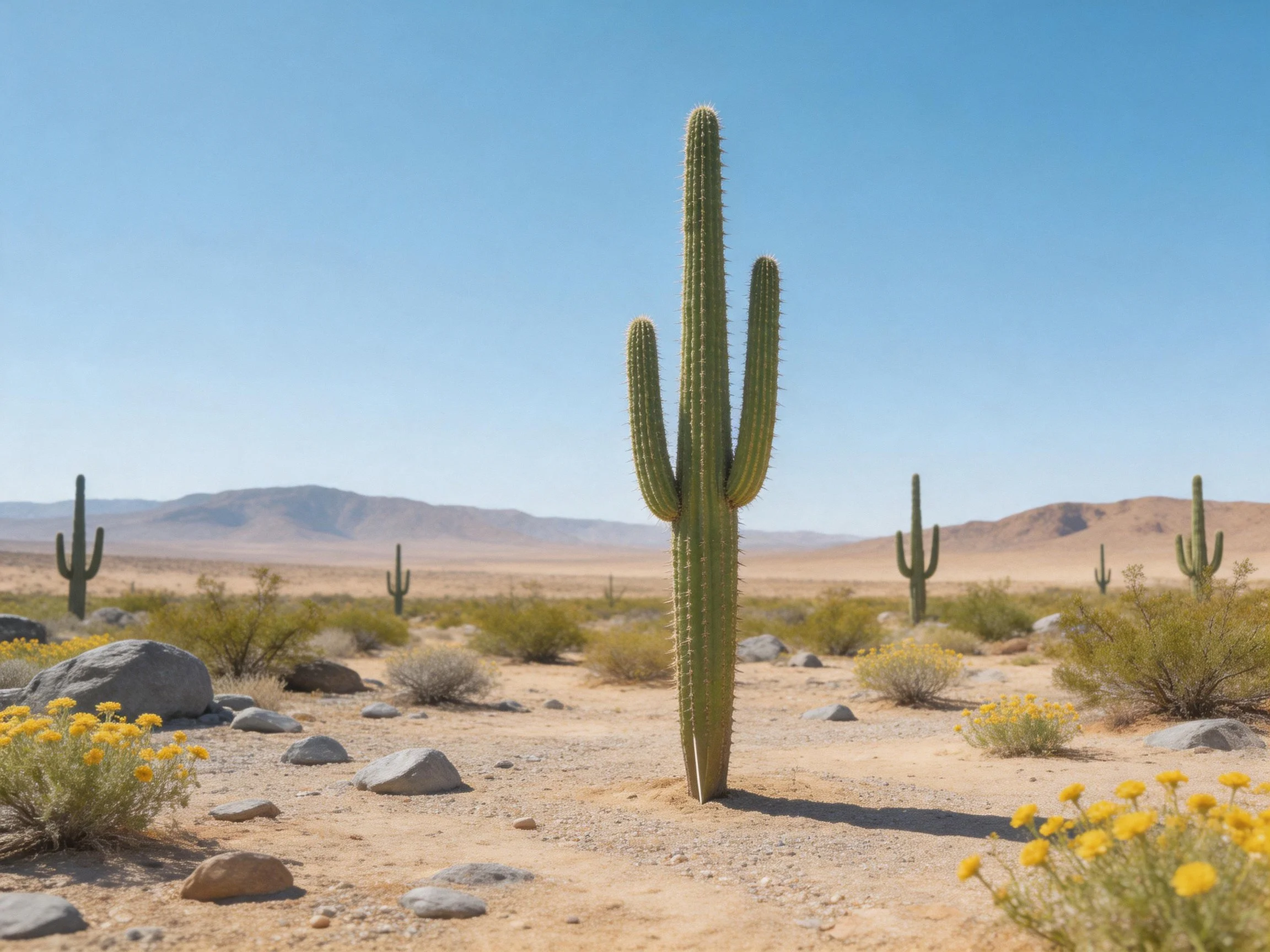 A vast desert landscape with tall green cacti and yellow wildflowers