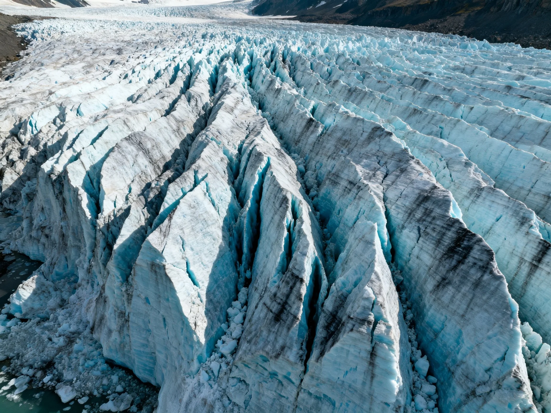 A vast glacier with deep blue crevasses and textured ice formations