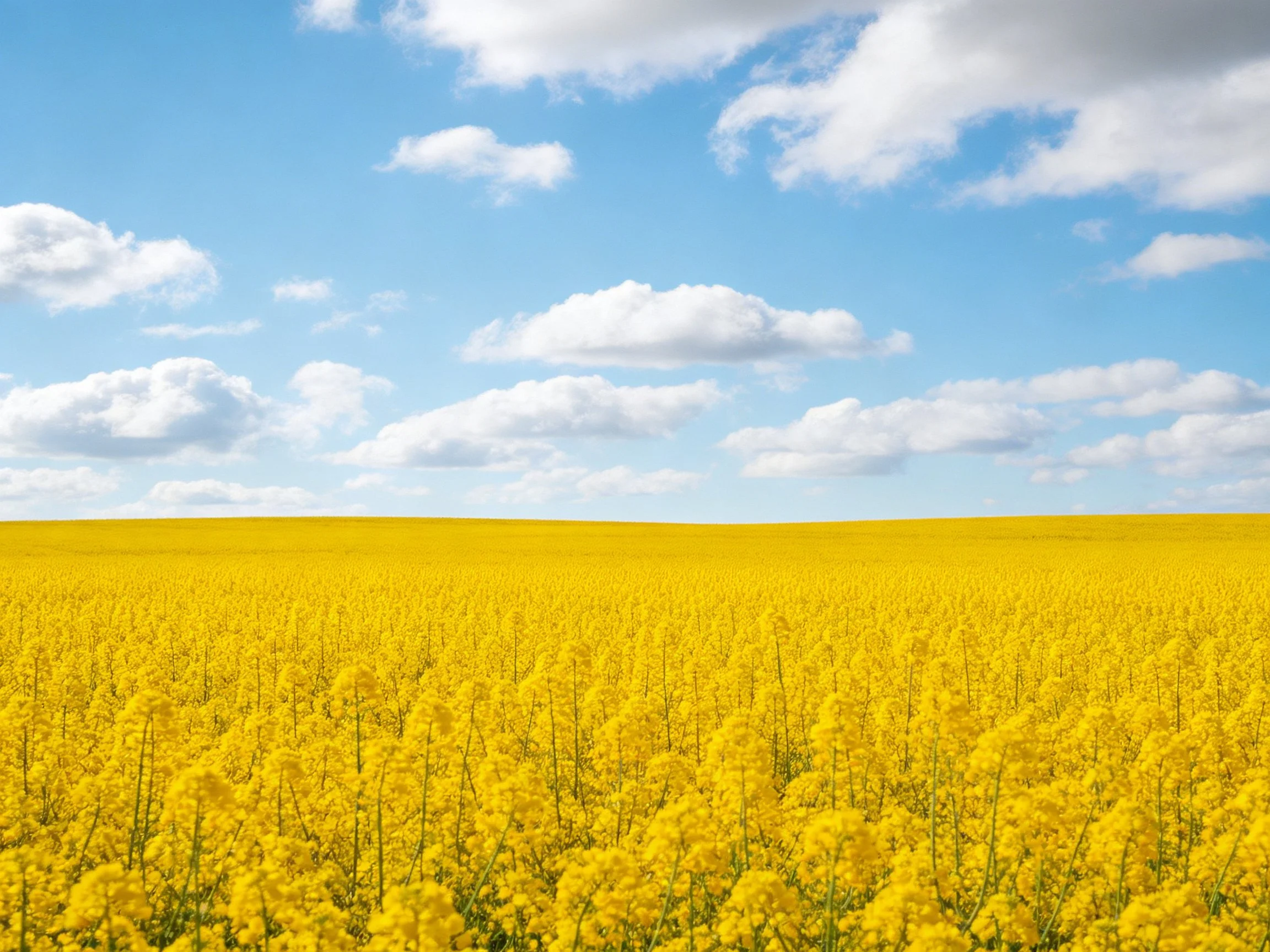 A vast golden flower field beneath bright blue sky with fluffy white clouds