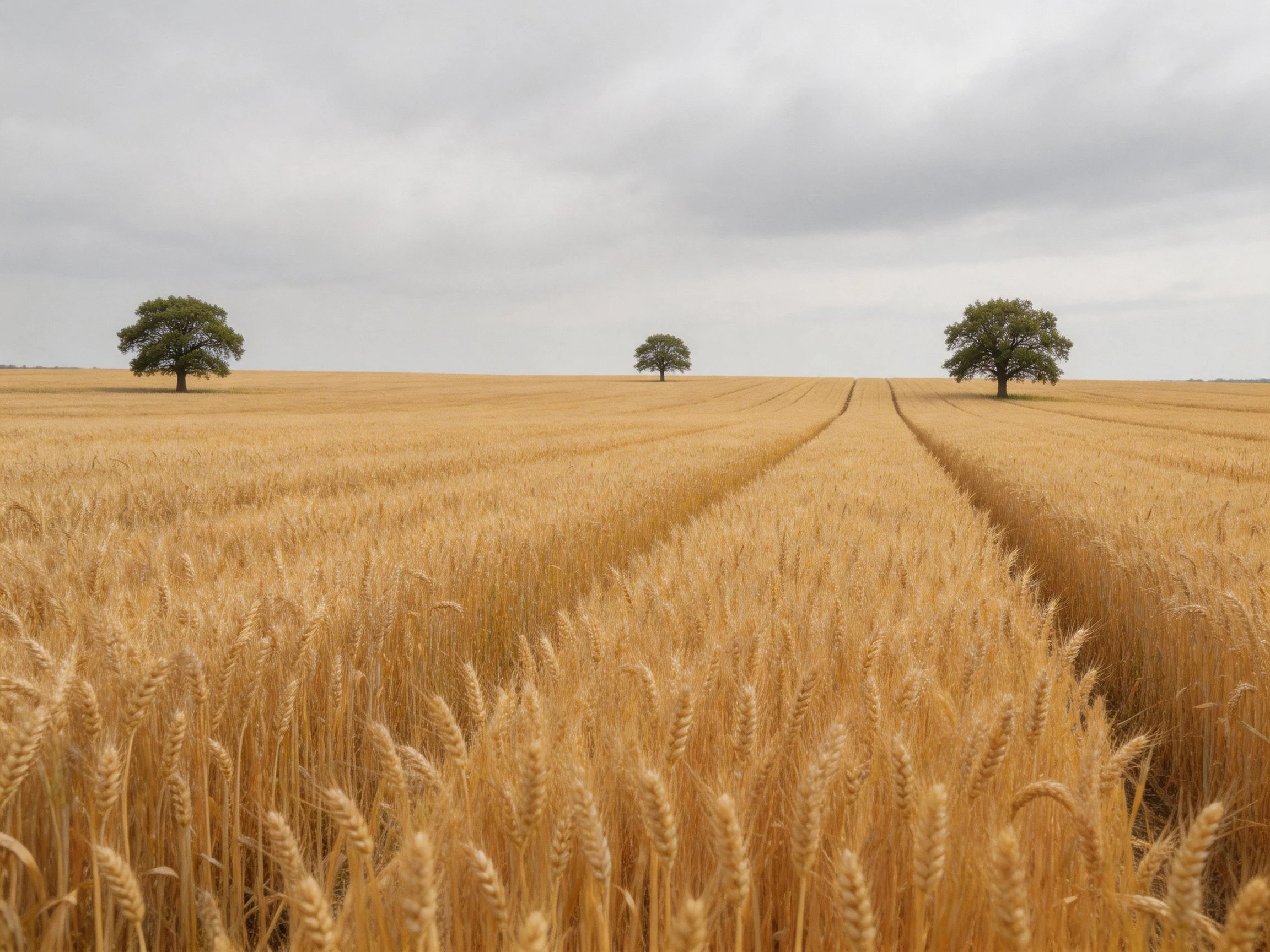 A vast golden wheat field with three scattered trees under an overcast sky