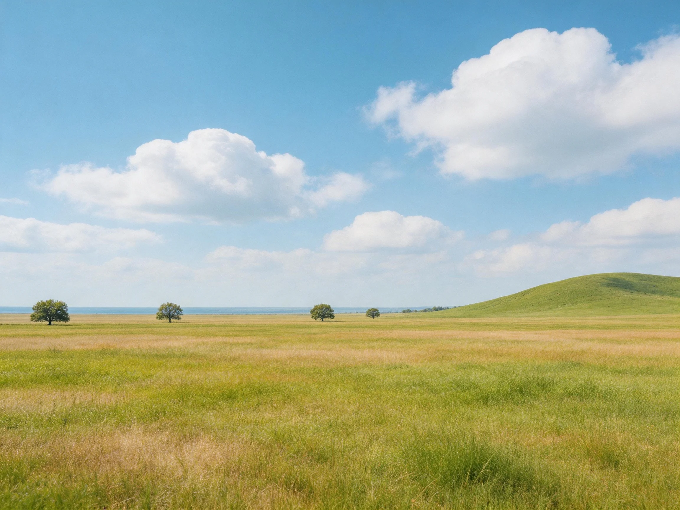 A vast grassy plain with scattered trees, a green hill, and bright blue sky