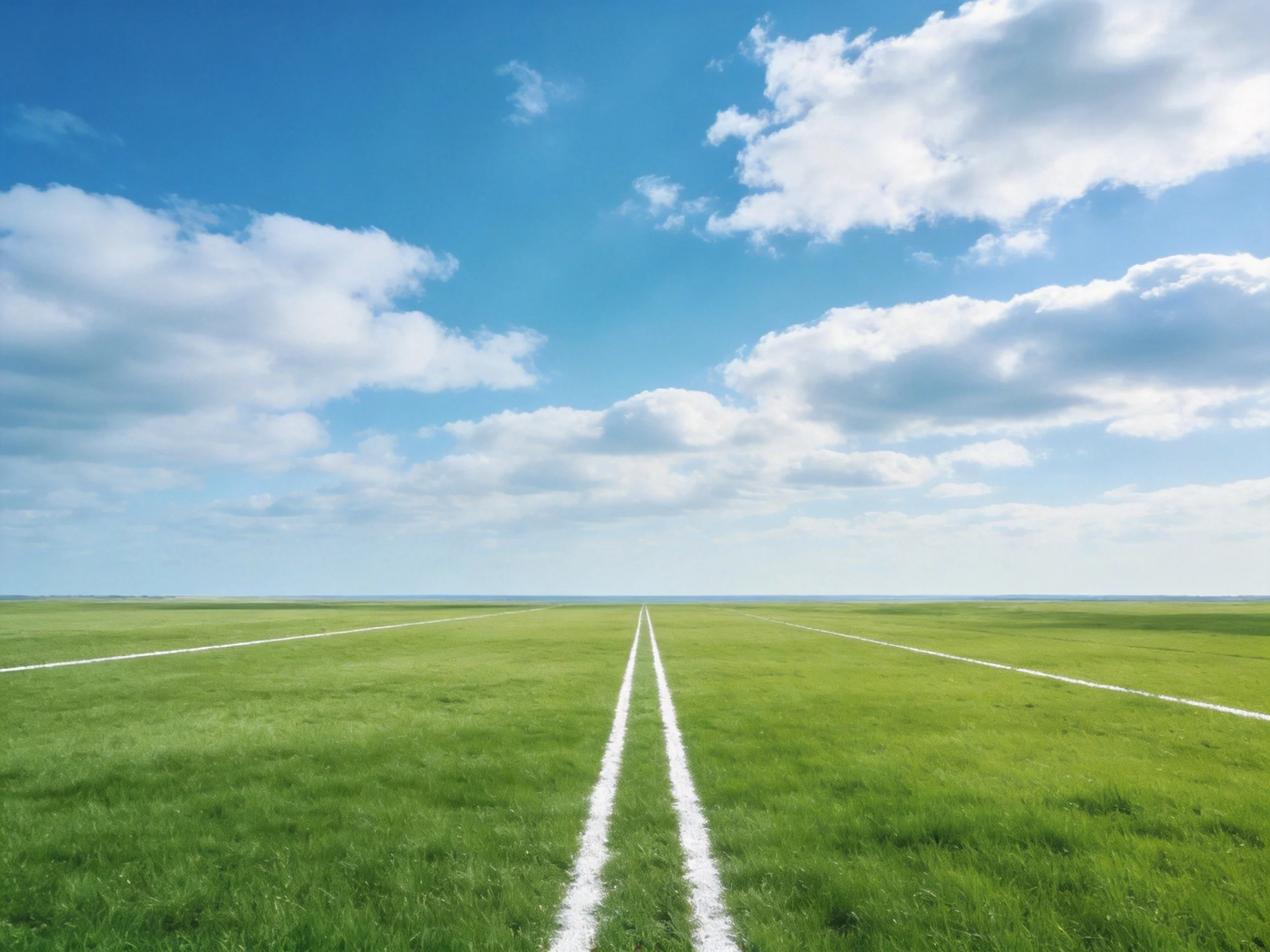 A vast green field with white lines stretching toward a bright blue sky