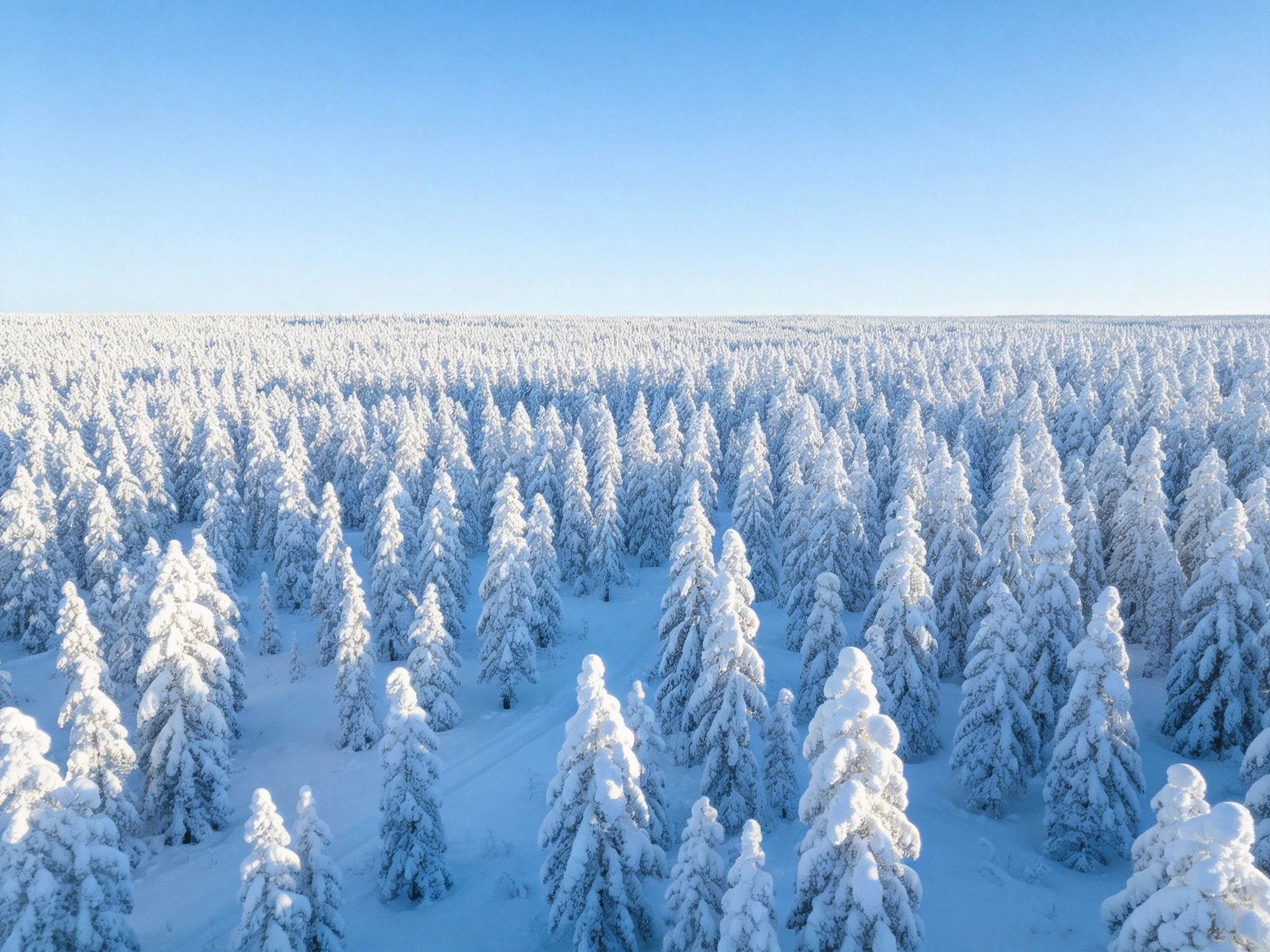 A vast snow-draped evergreen forest under clear blue sky