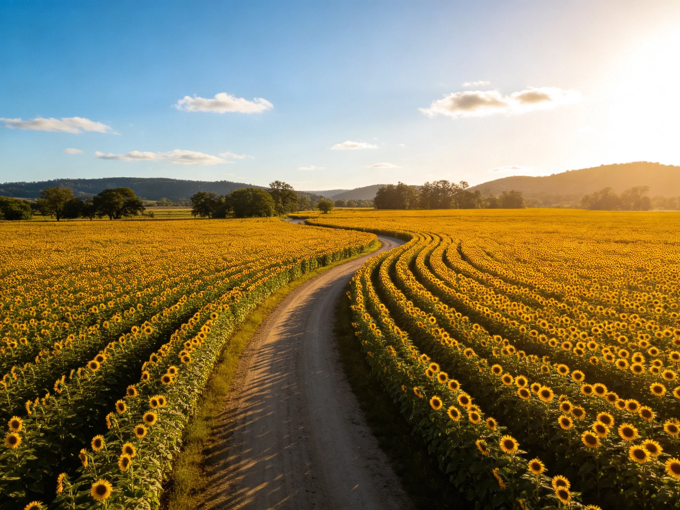 A vast sunflower field with winding dirt path under bright sky