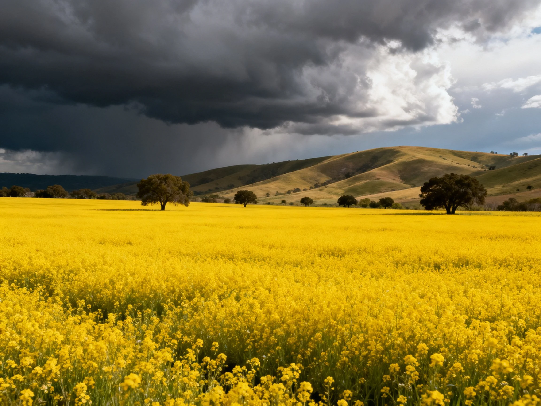 A vast yellow flower field beneath dramatic stormy skies