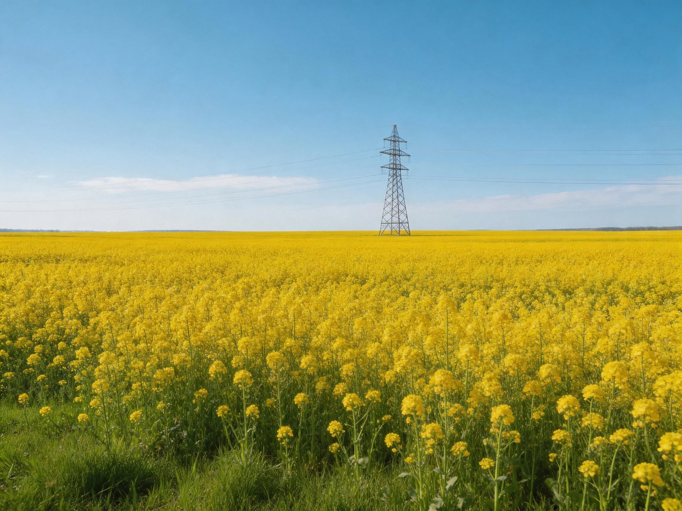 A vast yellow flower field with a tall power tower under clear blue sky
