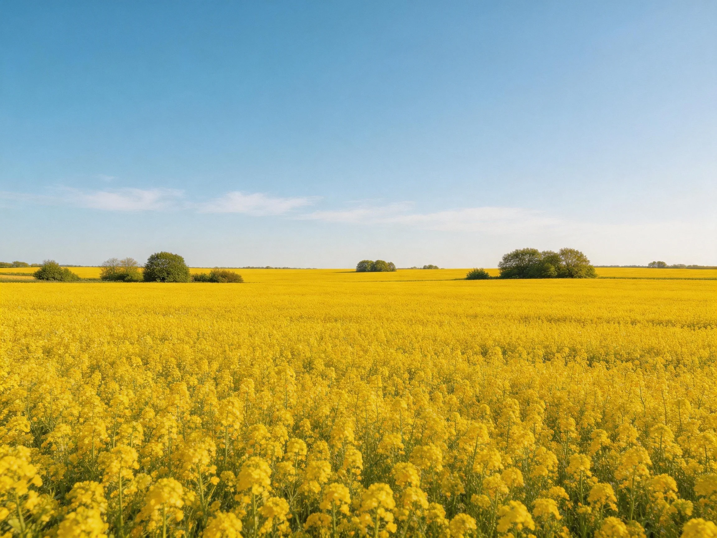 A vast yellow flower field with scattered green trees under clear blue sky