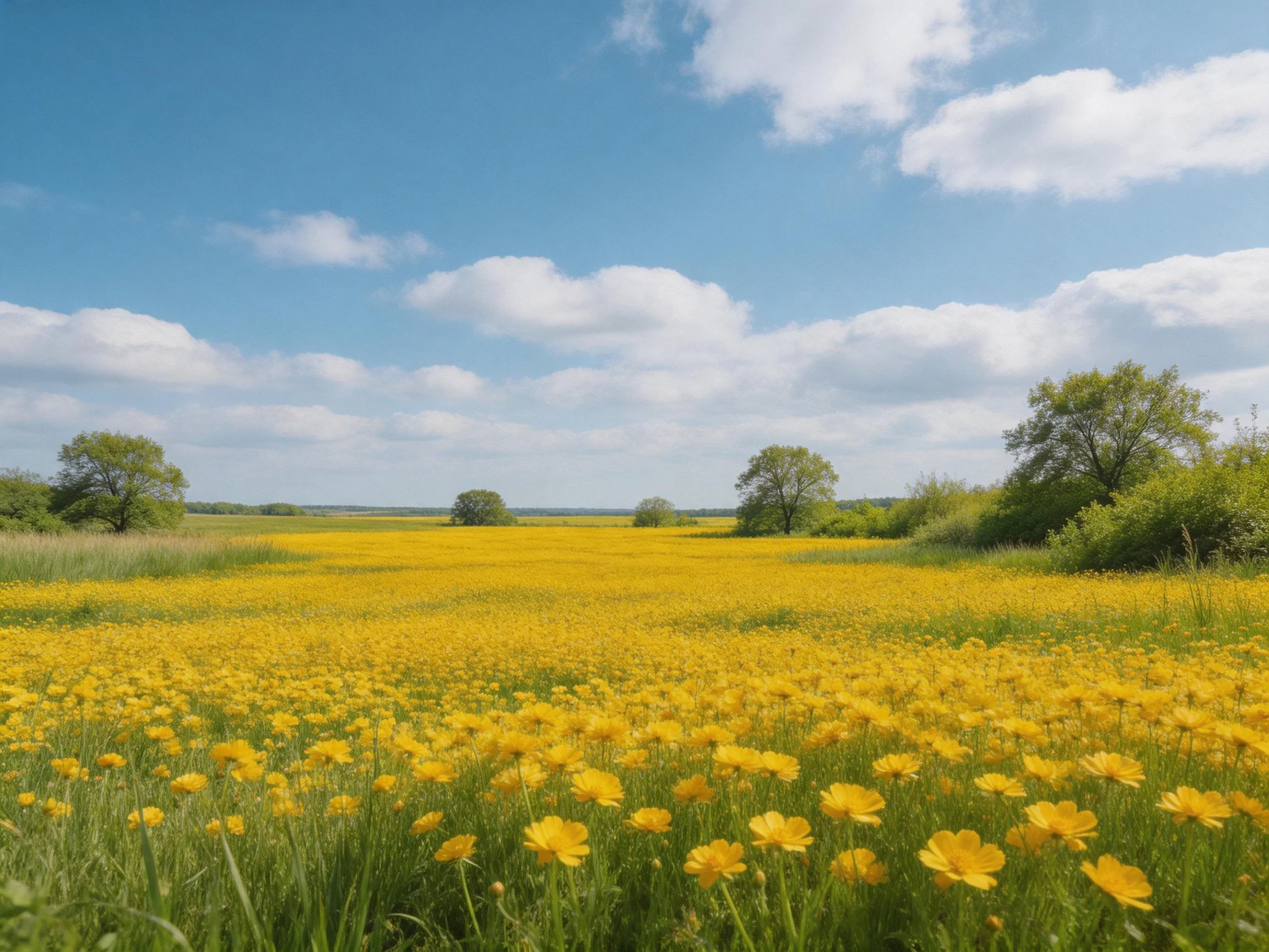 A vast yellow wildflower meadow beneath bright blue skies