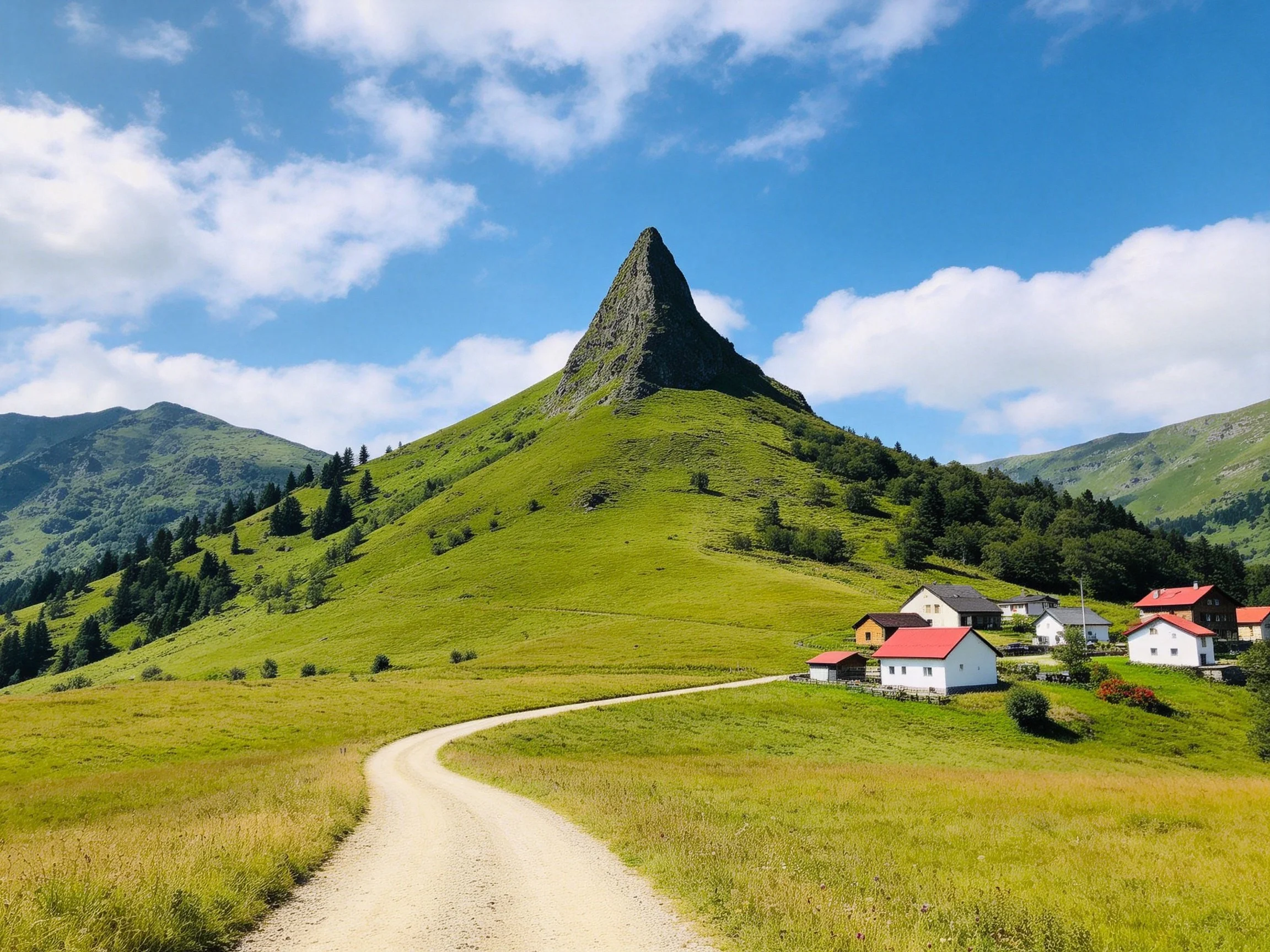 A verdant hill with a pointed peak near red-roofed cottages