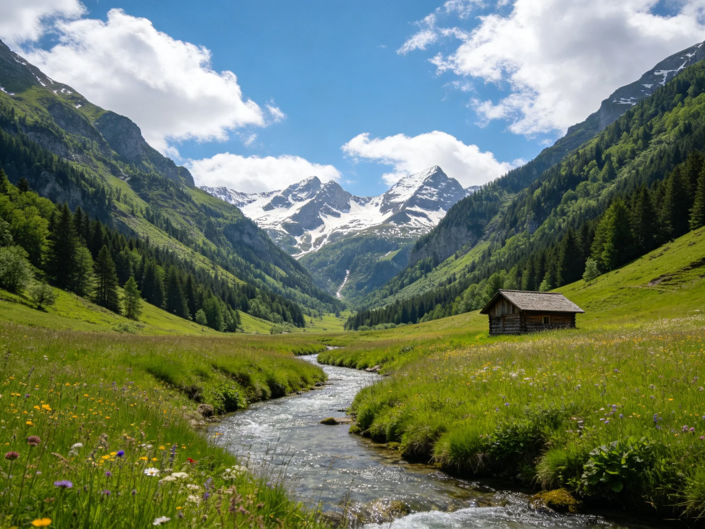 A verdant valley with a wooden cabin, stream, and snow-capped peaks