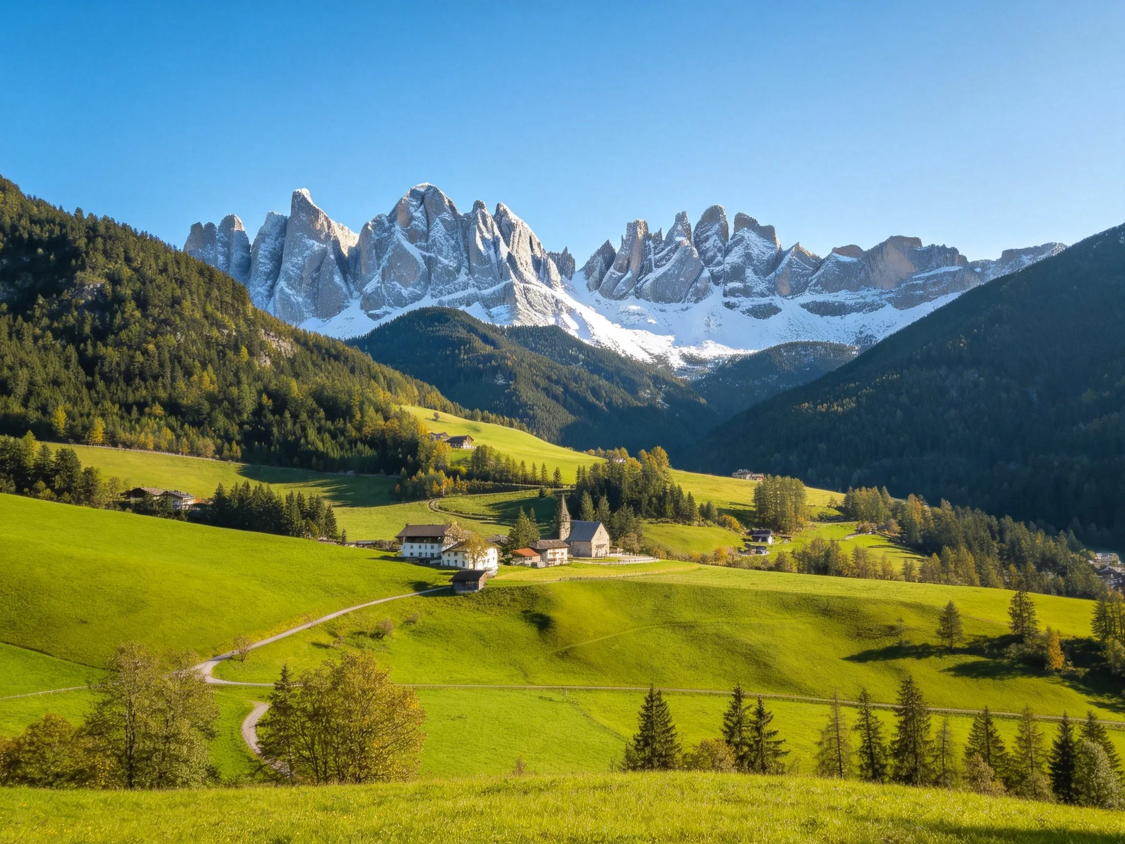 A vibrant alpine valley with snow-capped peaks and lush green pastures
