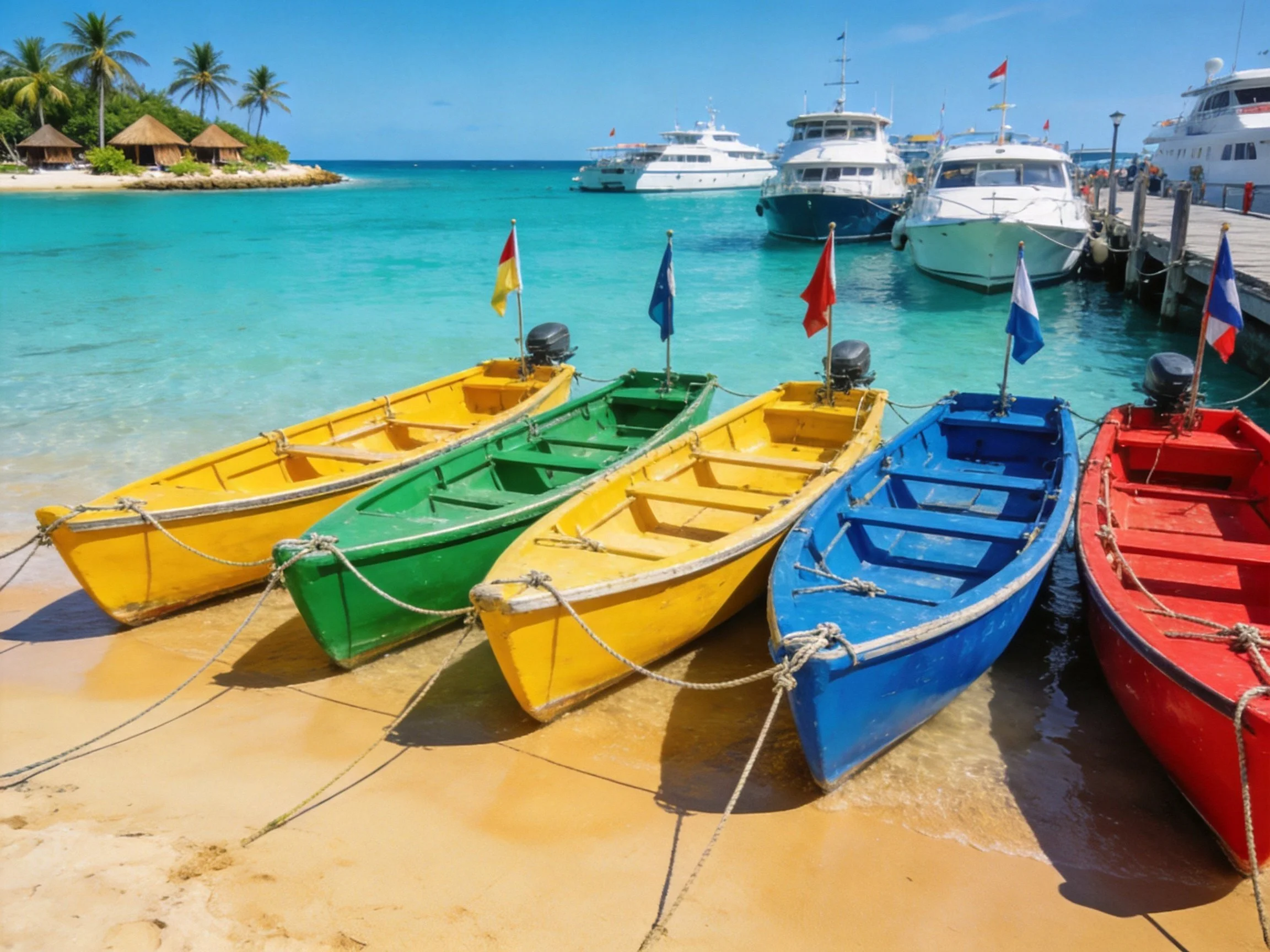 A vibrant array of small boats docked near luxury yachts on a sunny beach