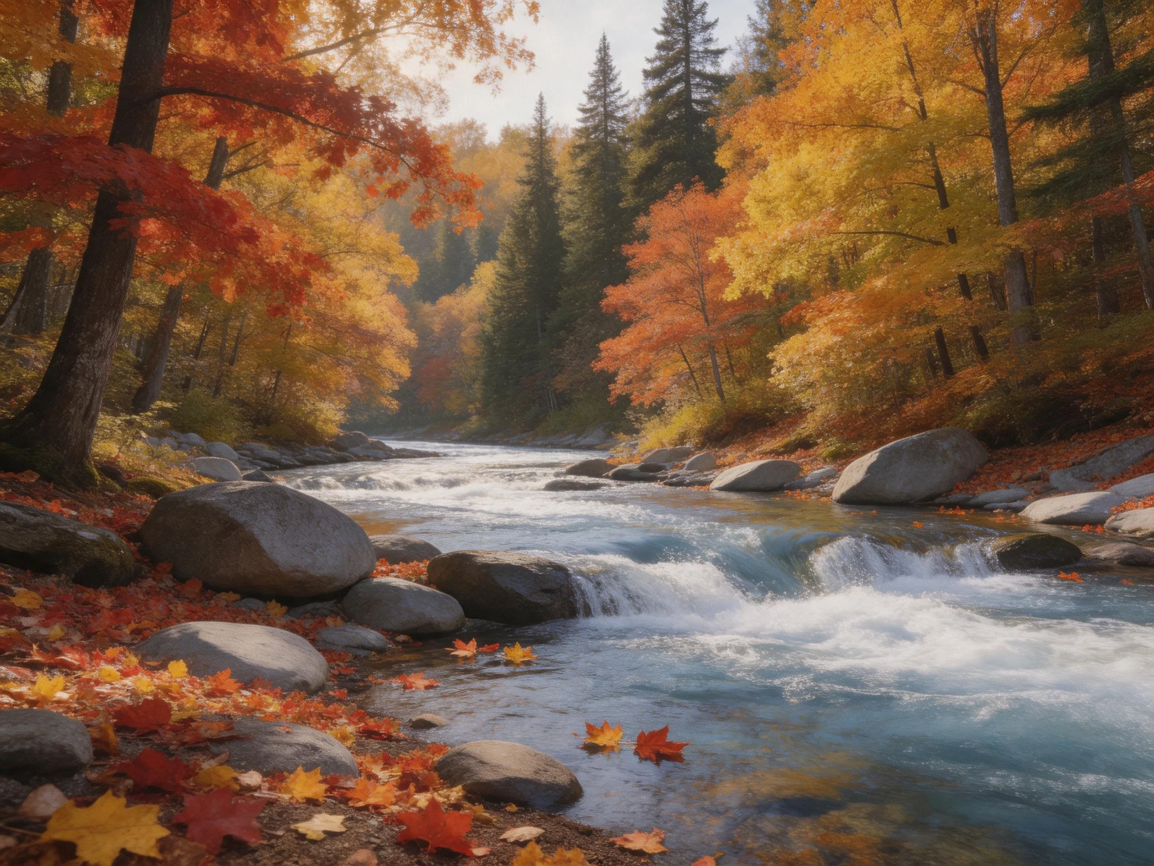 A vibrant autumn forest with a rushing stream and colorful foliage