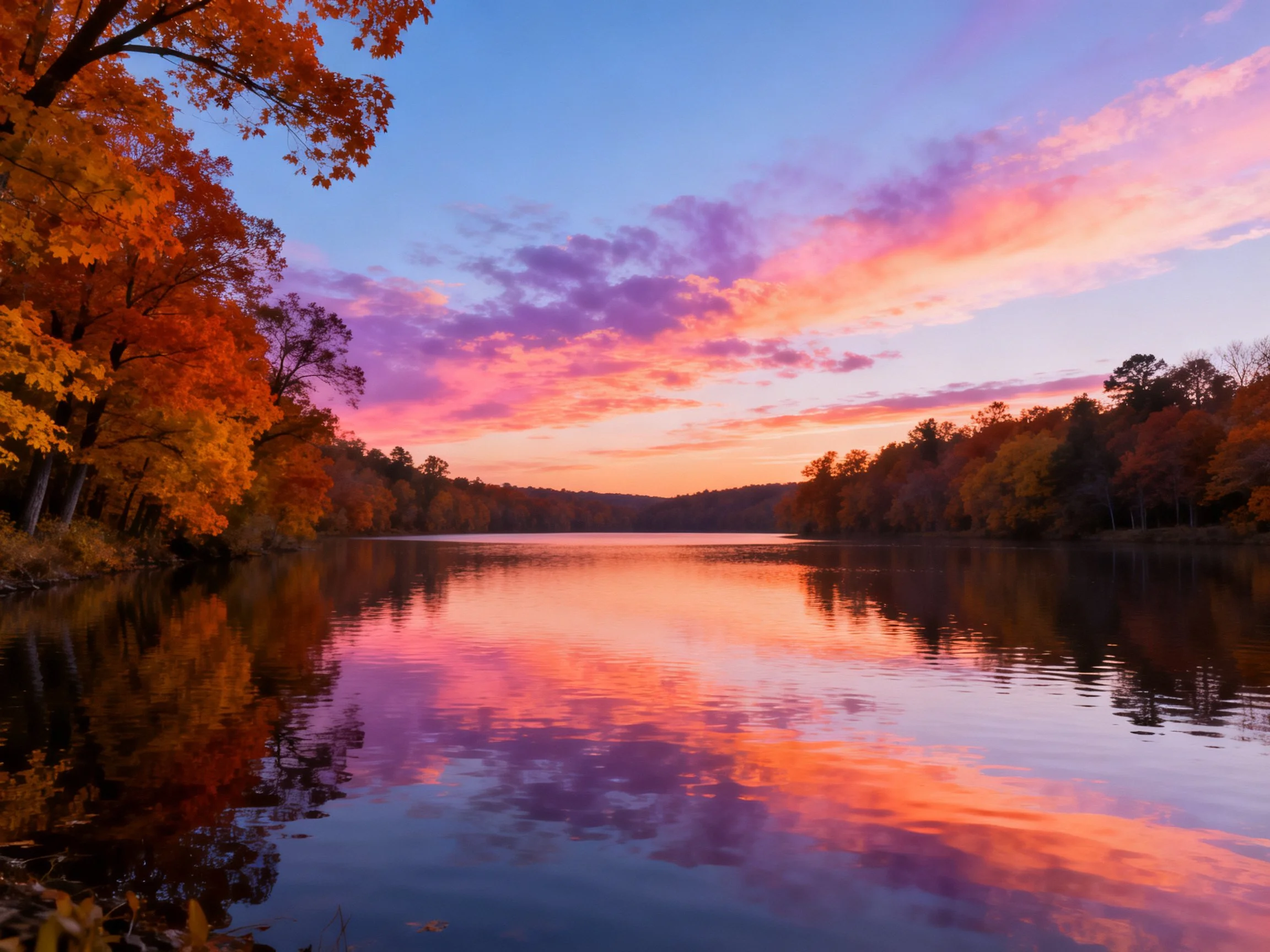A vibrant autumn sunset reflected perfectly on calm water