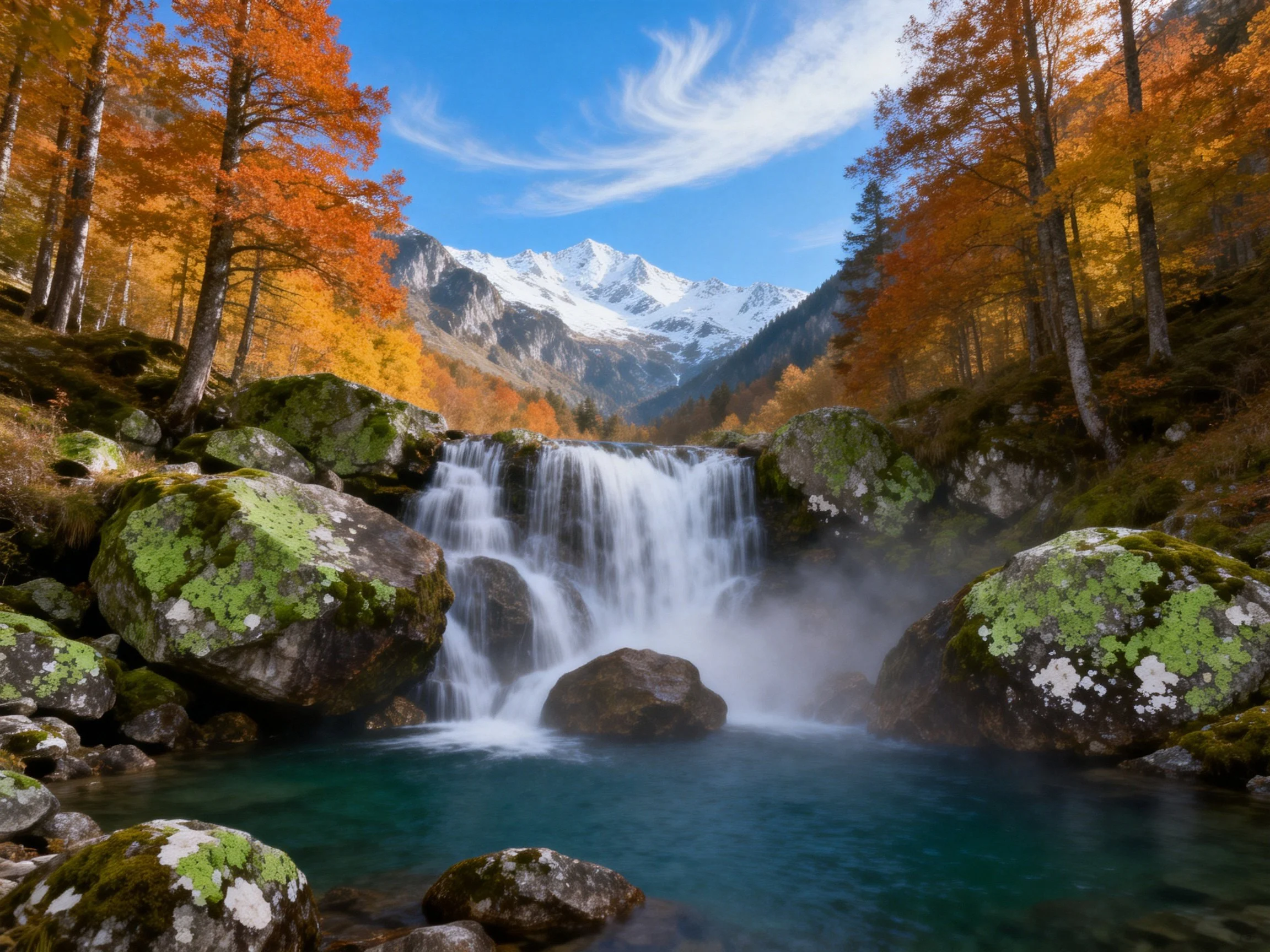 A vibrant autumn waterfall with mossy rocks and snow-capped mountains