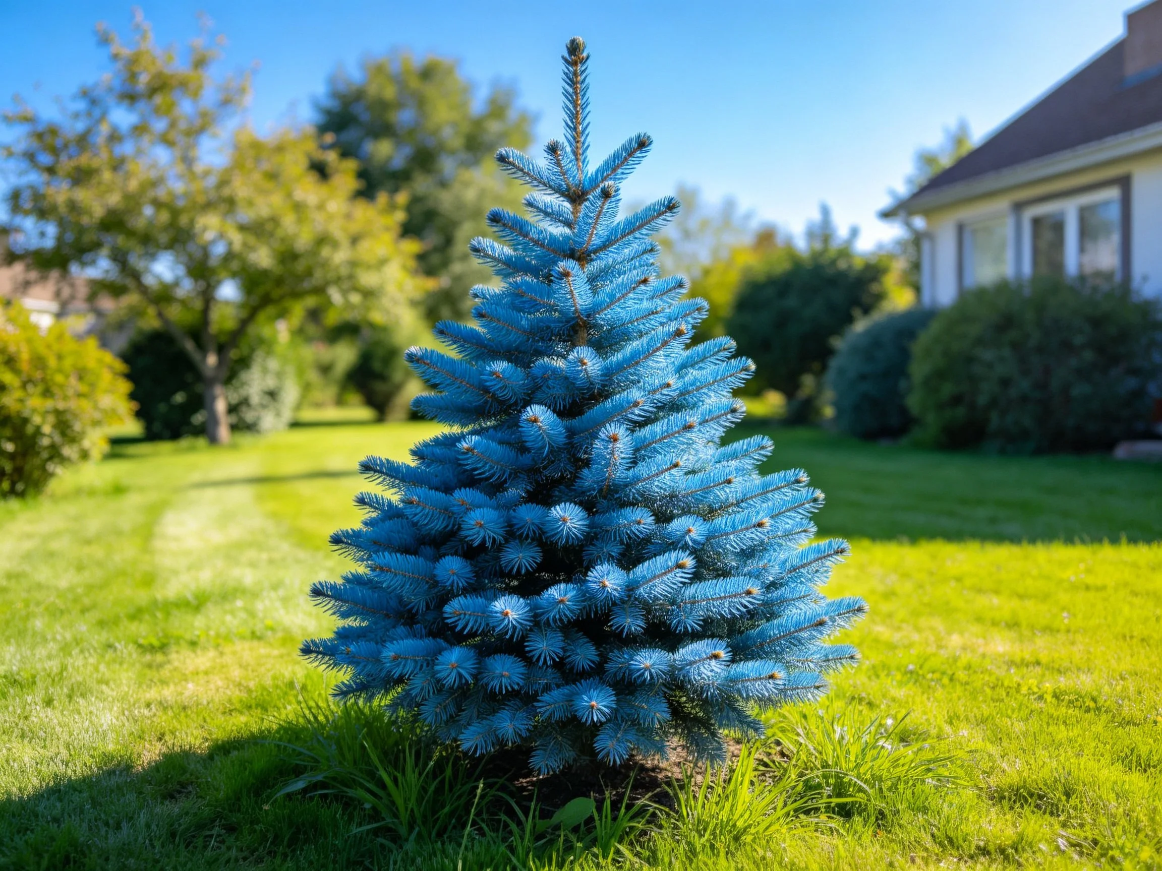 A vibrant blue evergreen tree stands in a sunny suburban yard