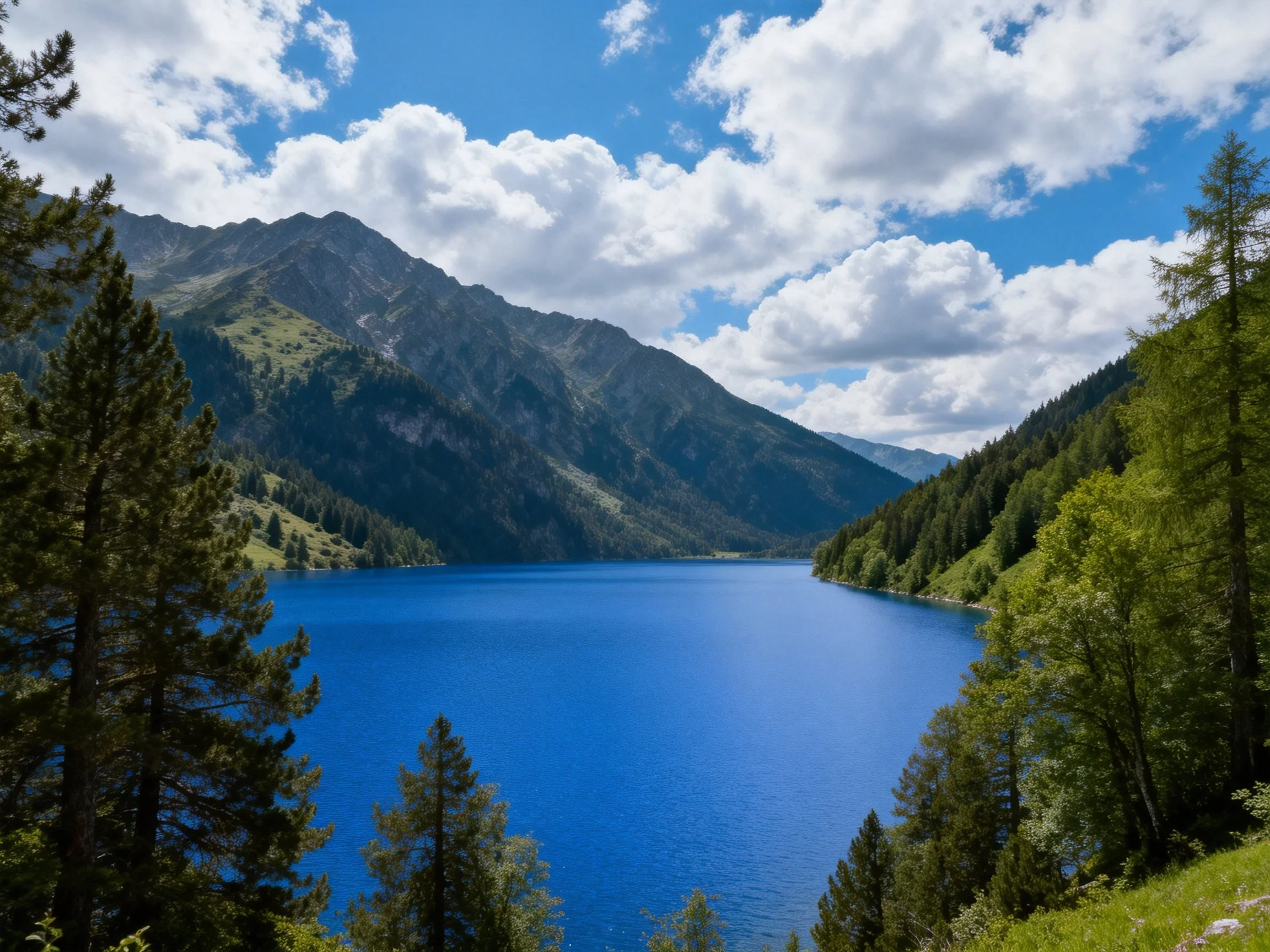 A vibrant blue lake nestled among forested mountains and sunny sky