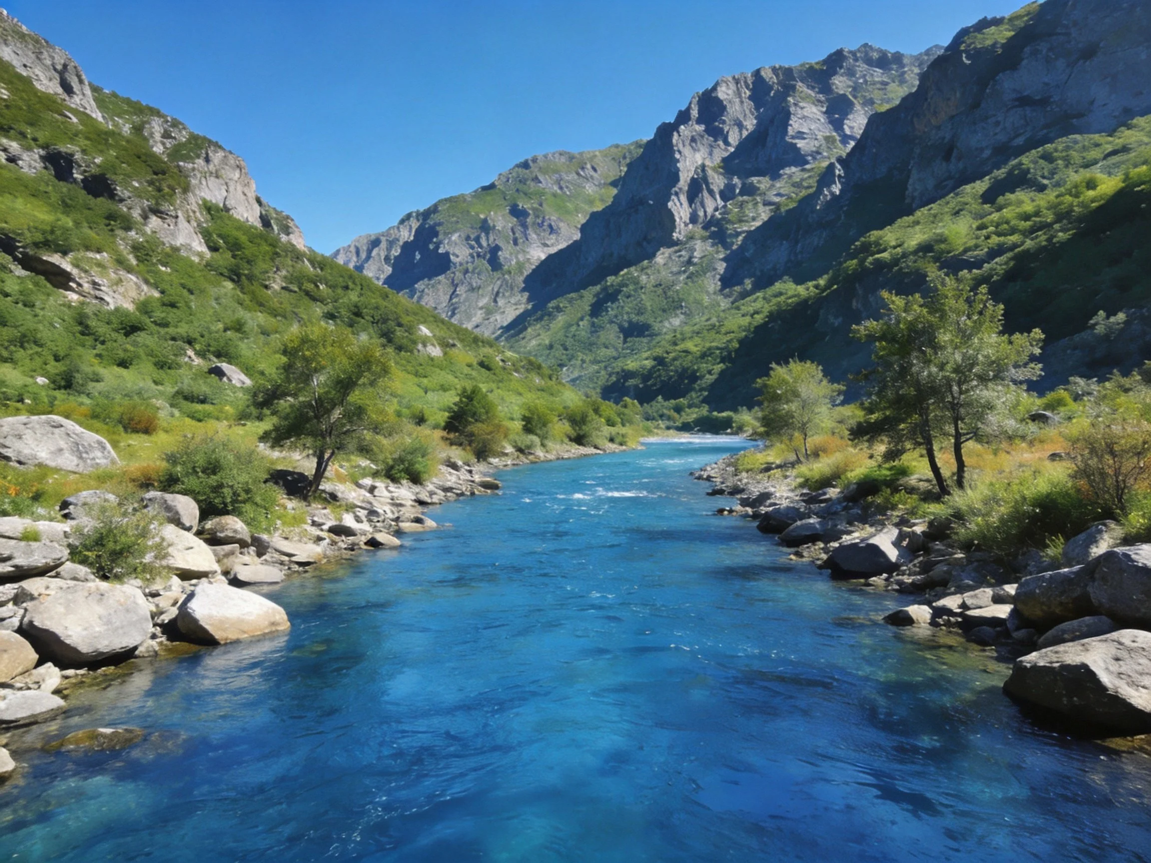 A vibrant blue river flows through rocky terrain surrounded by lush green mountains