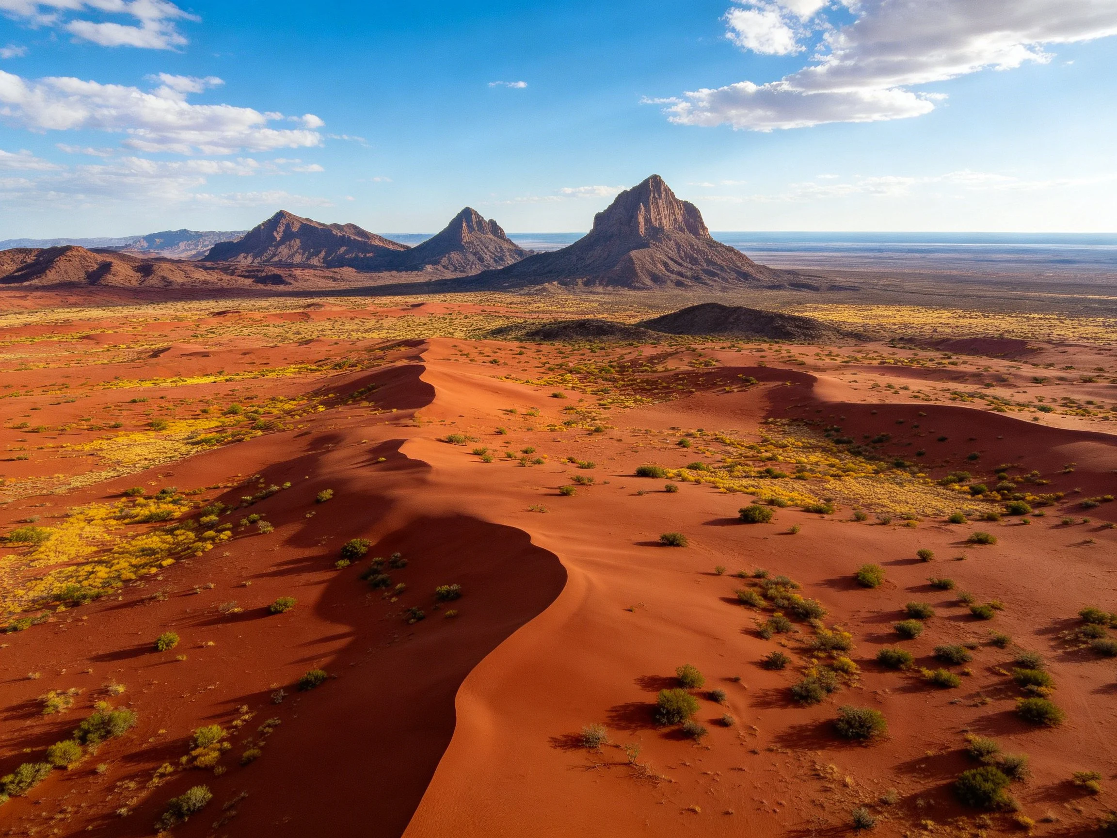 A vibrant desert scene with red sand dunes and rocky mountains