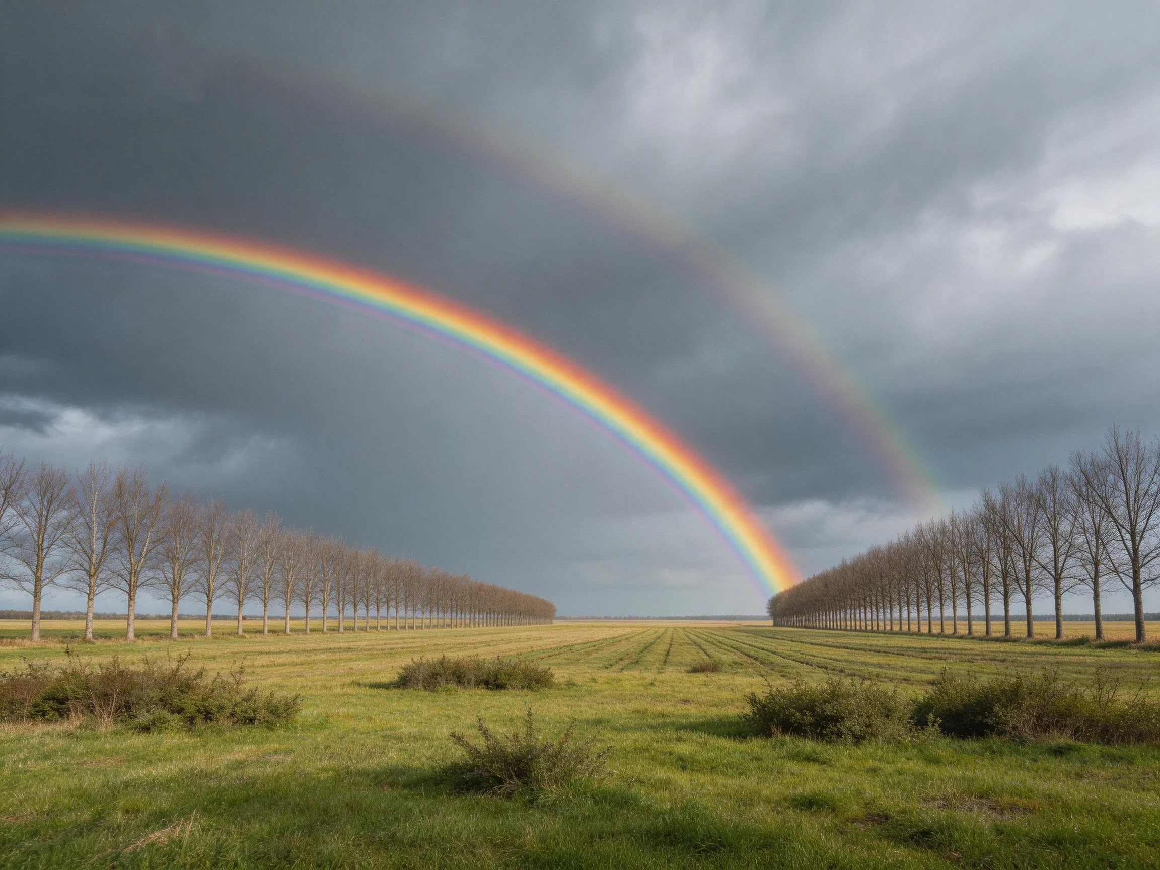 A vibrant double rainbow arches over symmetrical tree rows and open field