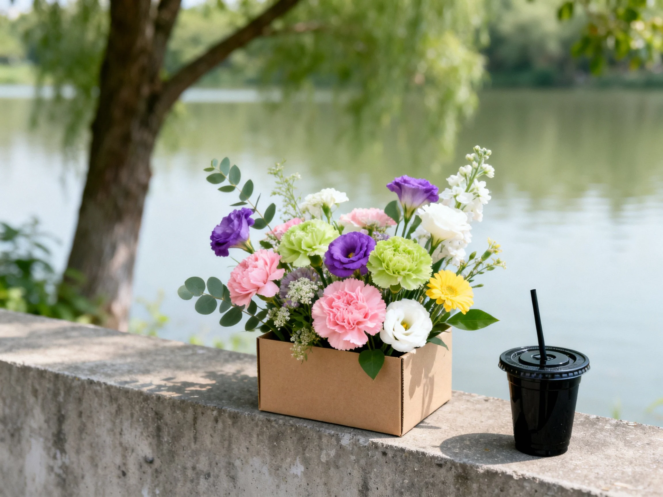 A vibrant flower arrangement in a box by a lakeside