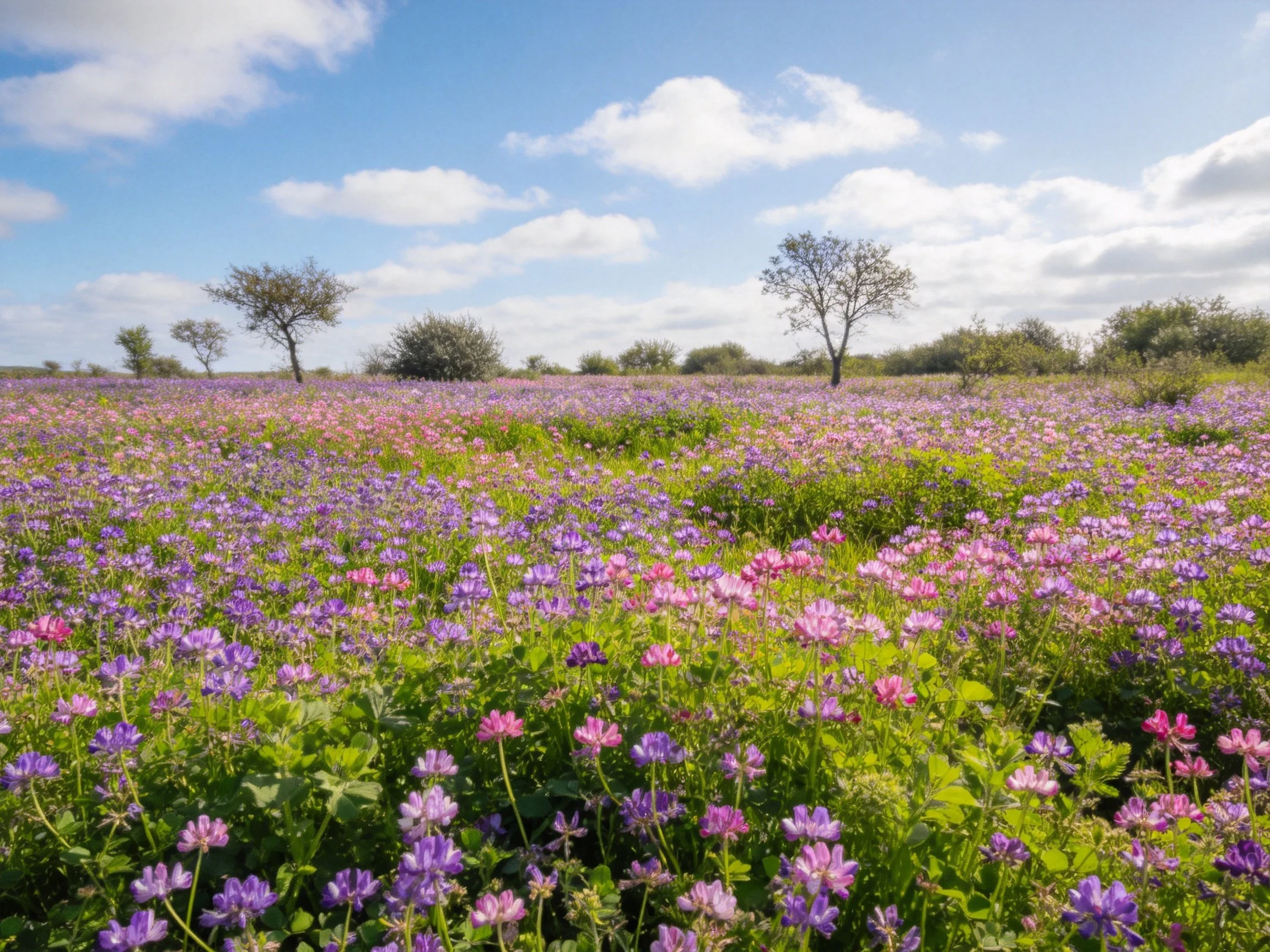 A vibrant flower field with purple and pink blooms, scattered trees, and a bright sky