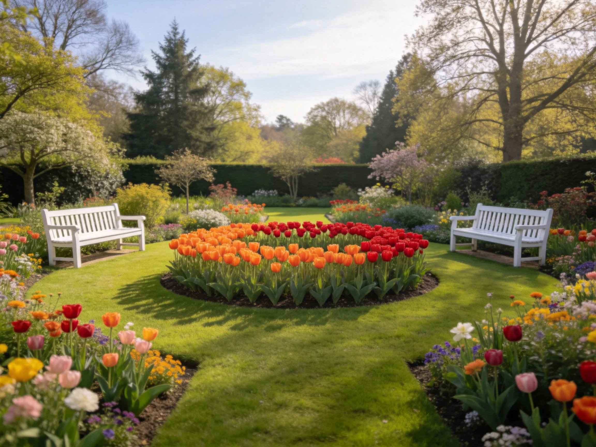 A vibrant garden with colorful tulip beds and white benches