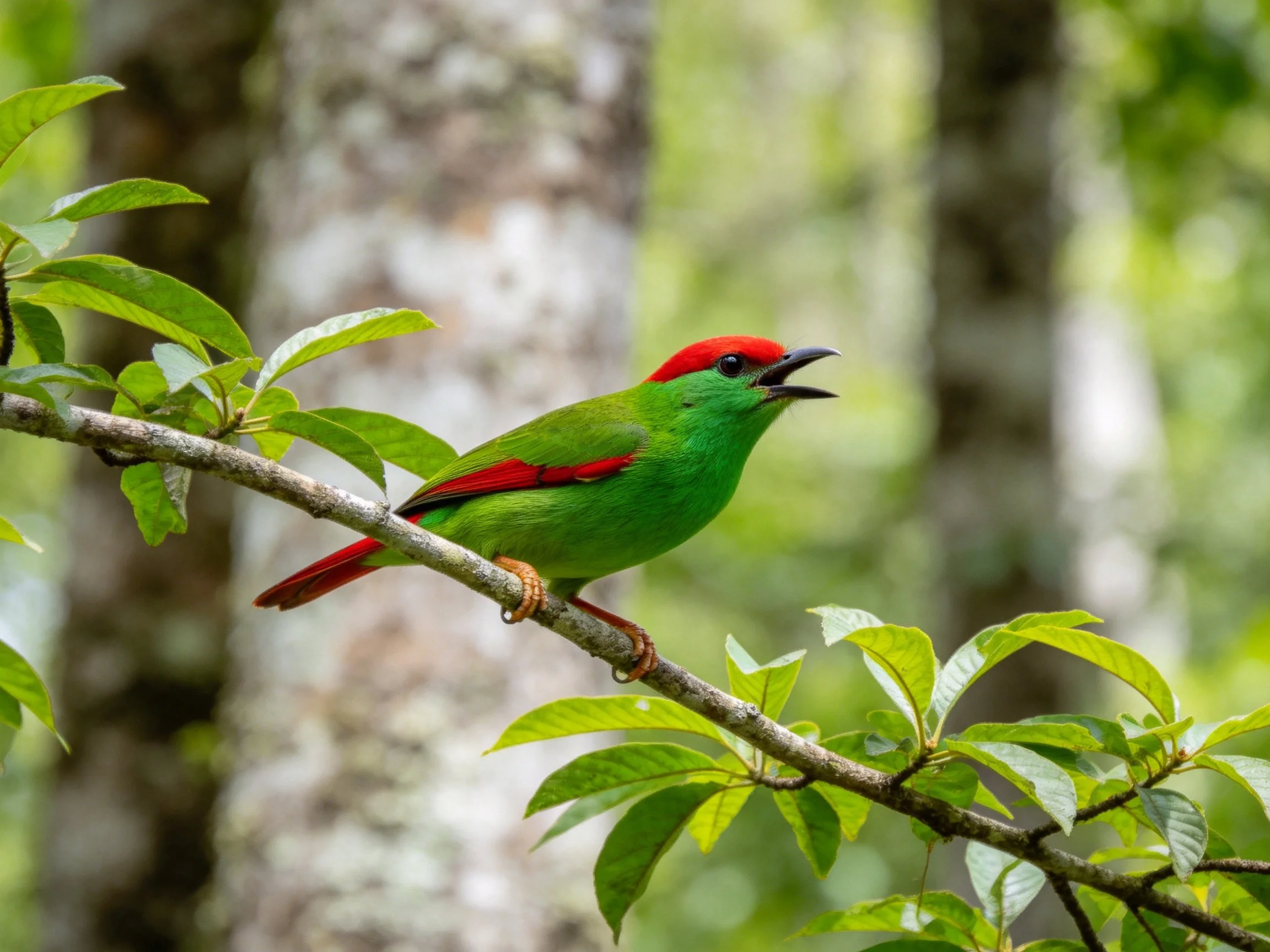 A vibrant green bird with red accents perched on a branch