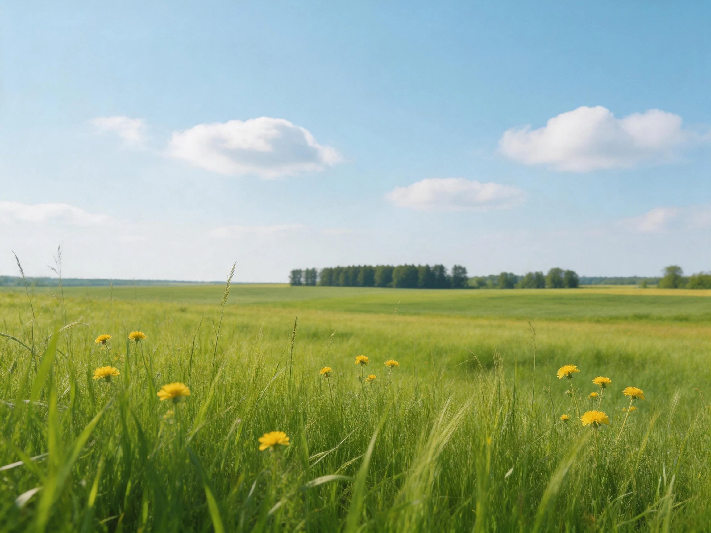 A vibrant green meadow with yellow wildflowers beneath a clear blue sky