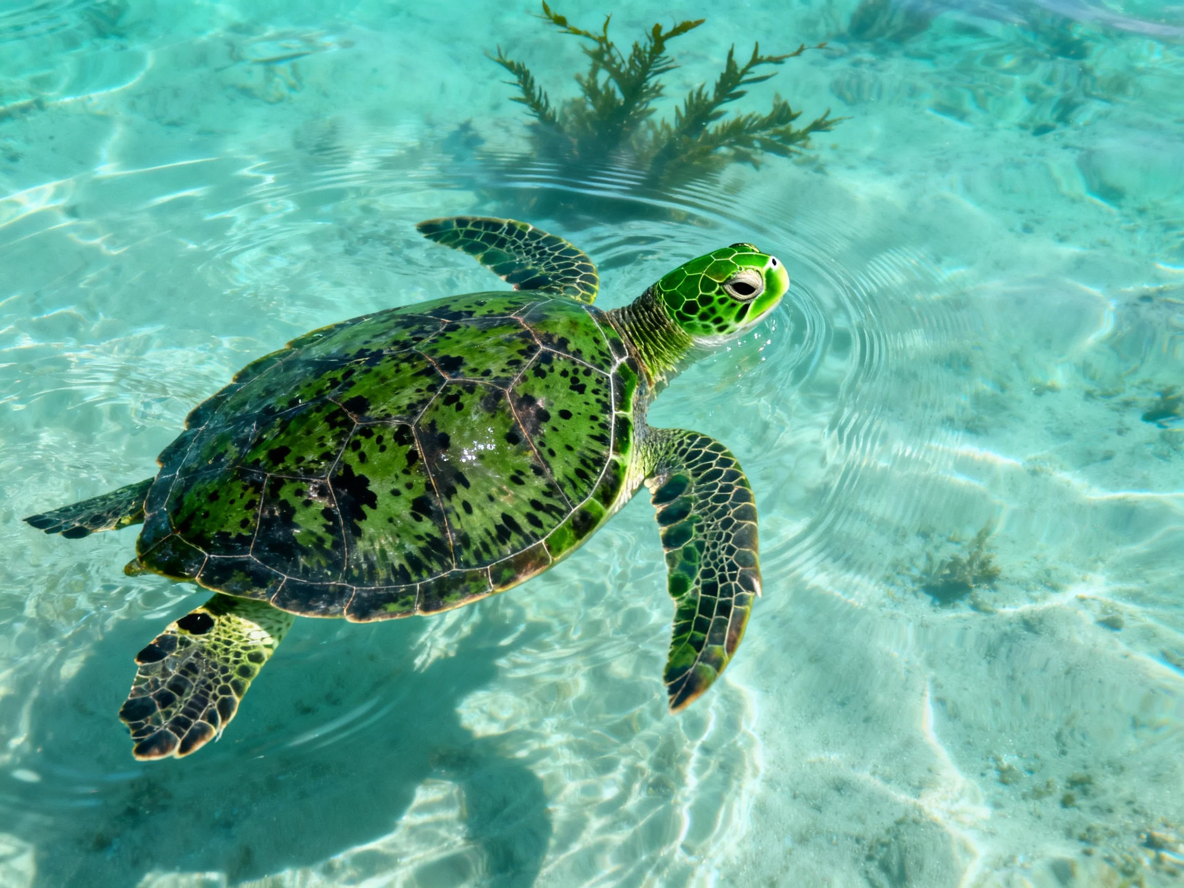 A vibrant green sea turtle swims in crystal - clear turquoise water