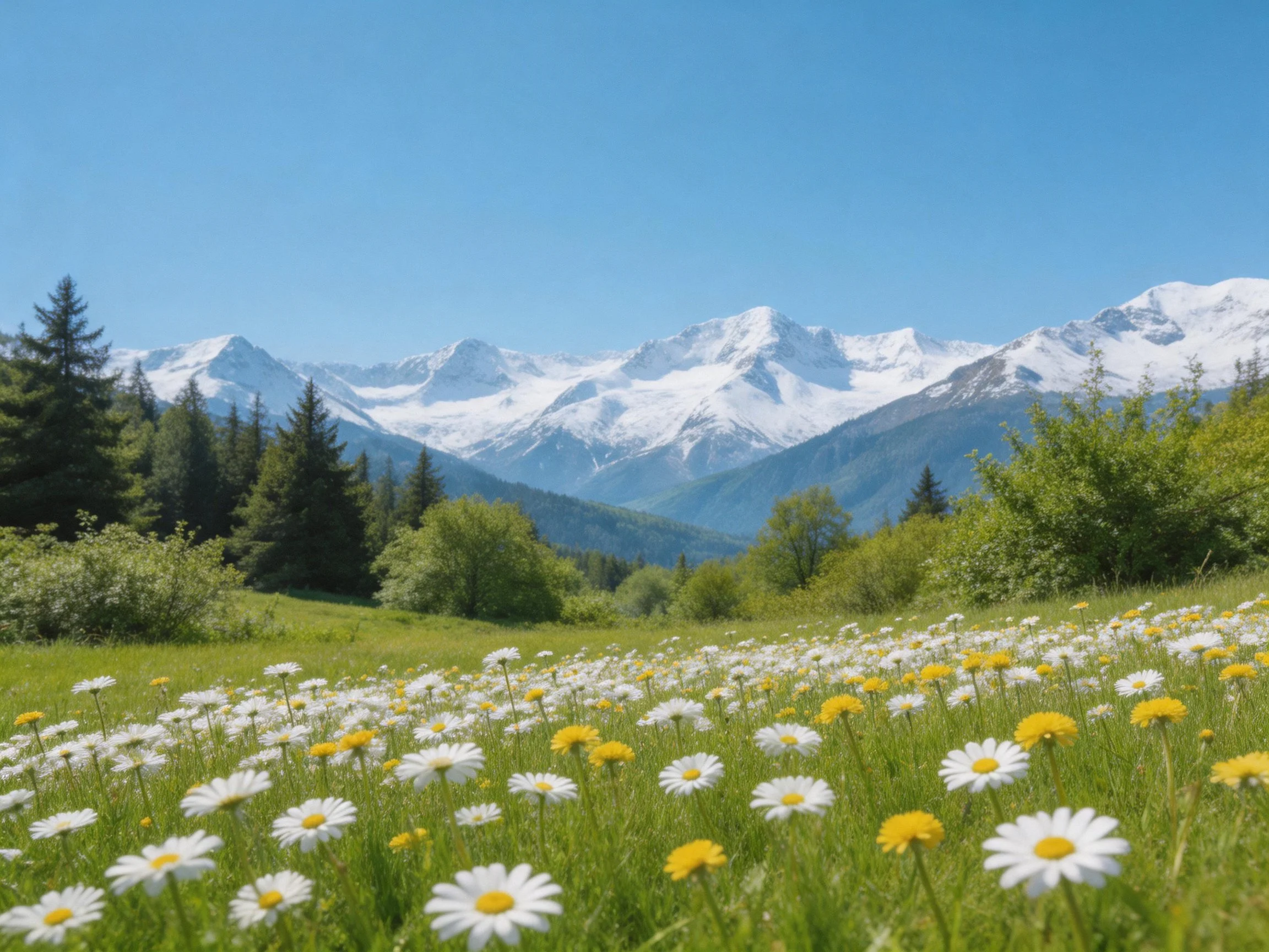 A vibrant meadow of white daisies, green foliage, and distant snow-capped peaks