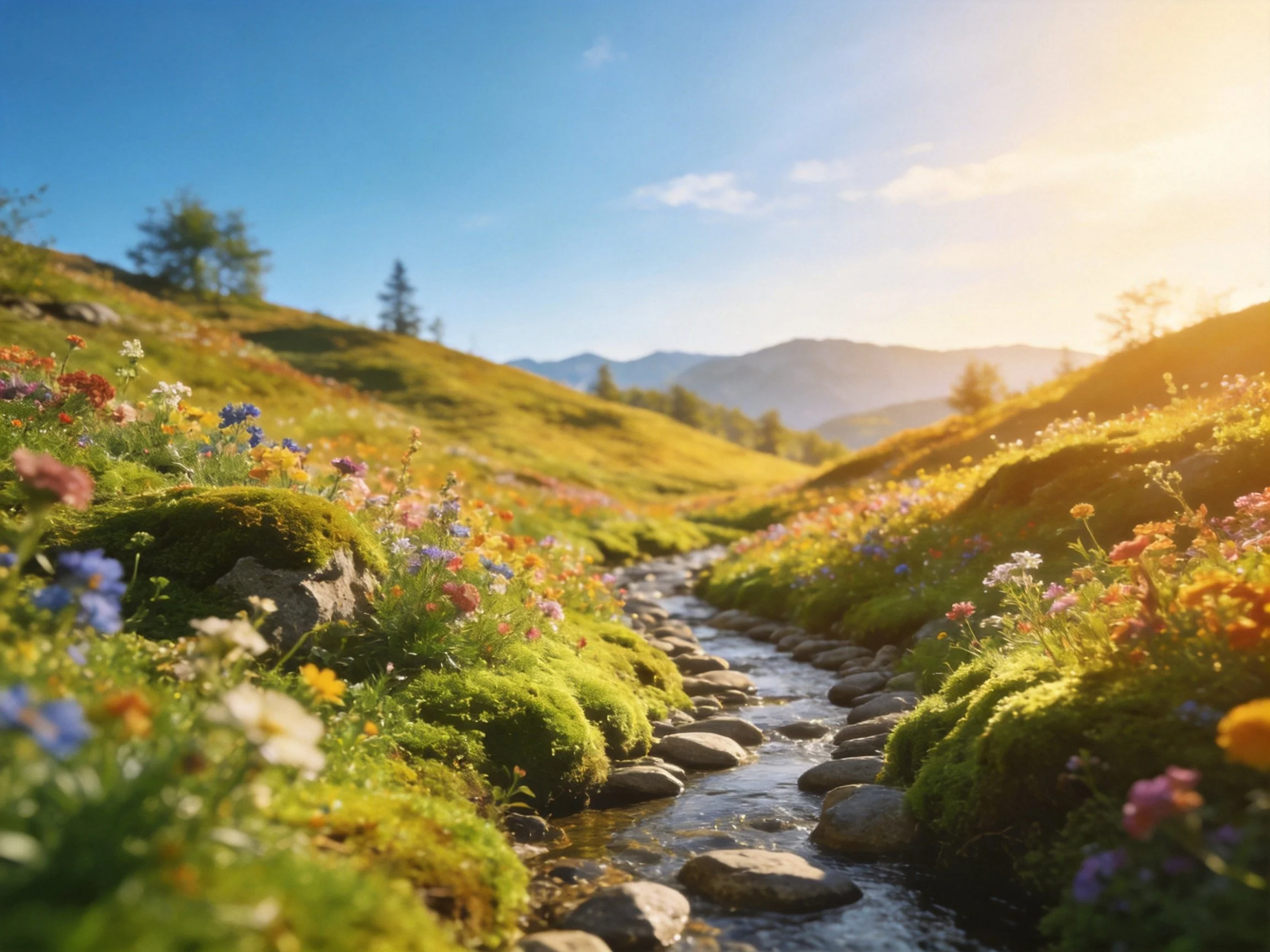 A vibrant meadow stream with colorful wildflowers and mossy banks