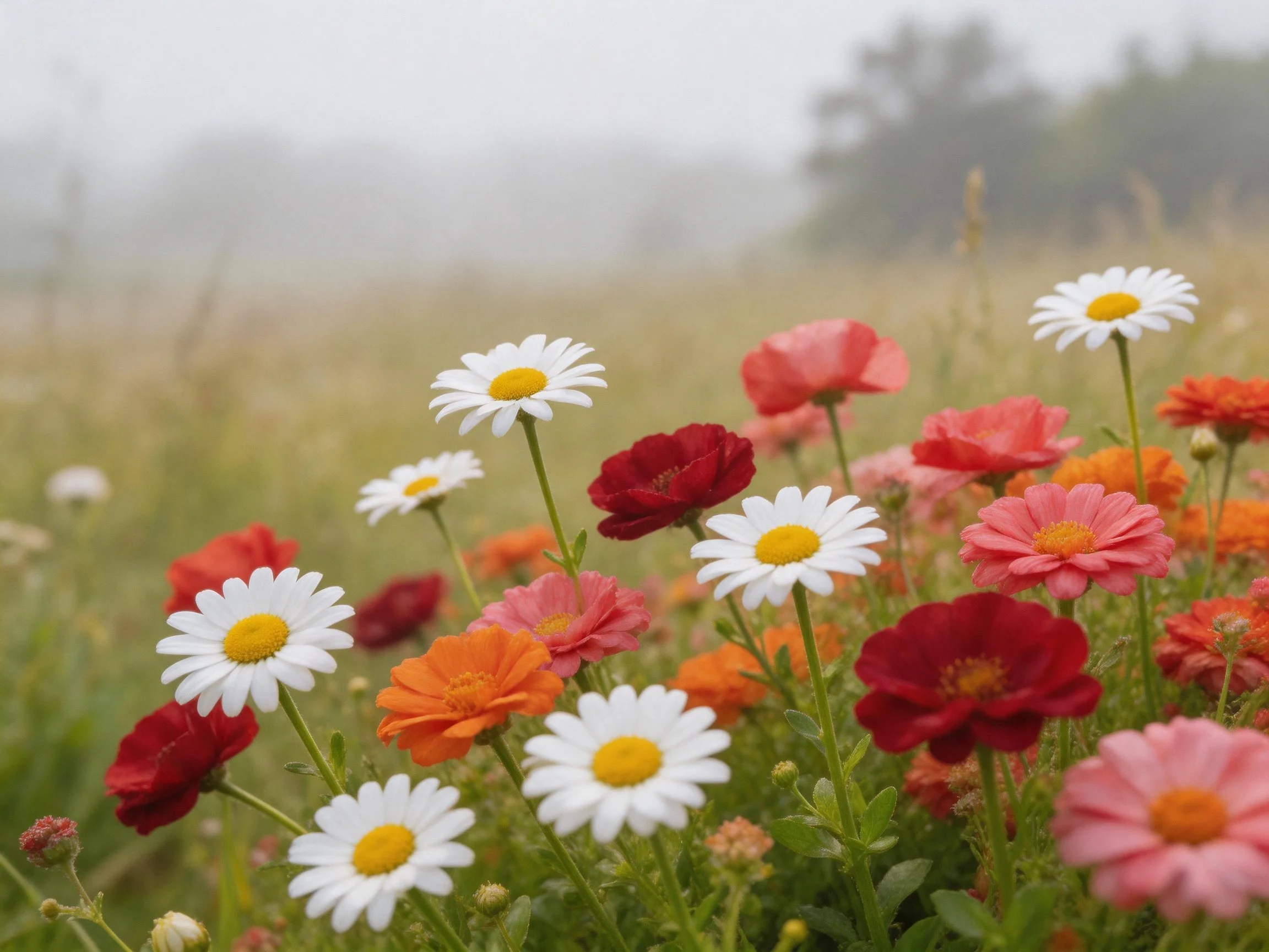 A vibrant meadow with mixed wildflowers in red, white, and orange