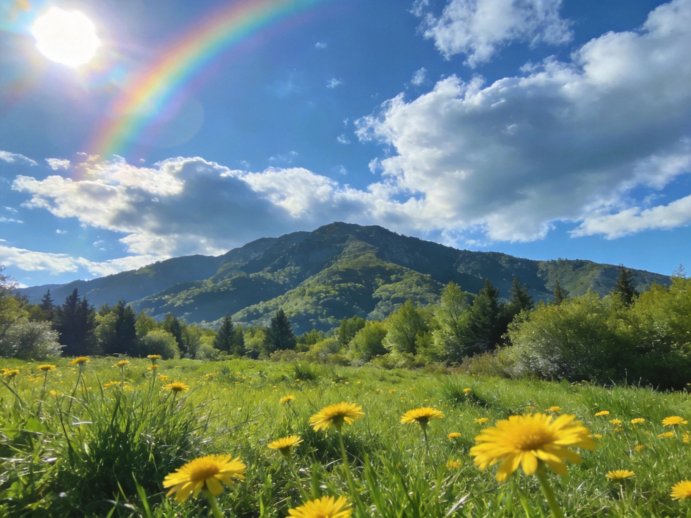 A vibrant meadow with yellow flowers, rainbow, and forested mountain