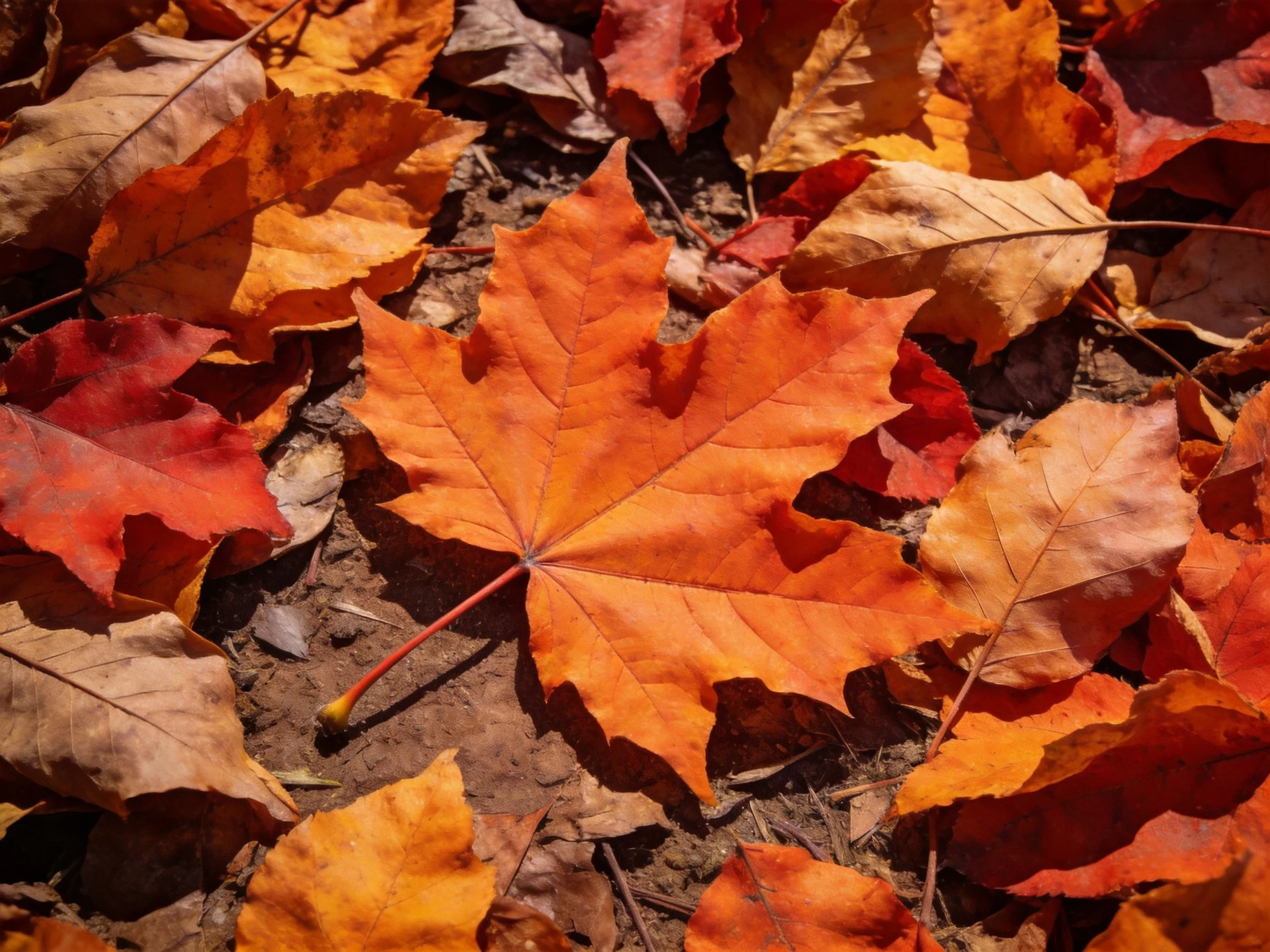 A vibrant orange maple leaf surrounded by multicolored fallen autumn foliage