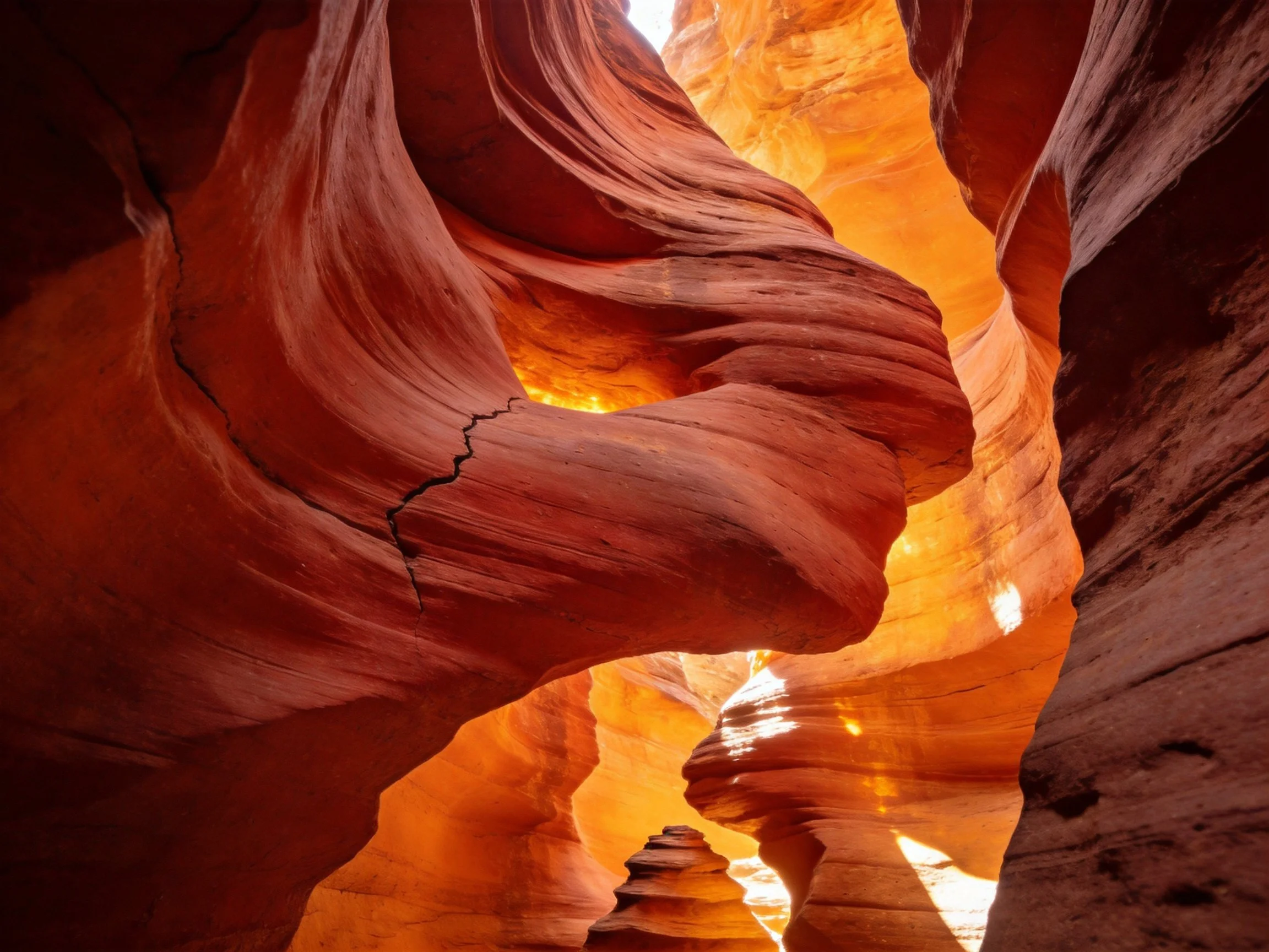 A vibrant orange-red slot canyon with smooth wavy rock formations