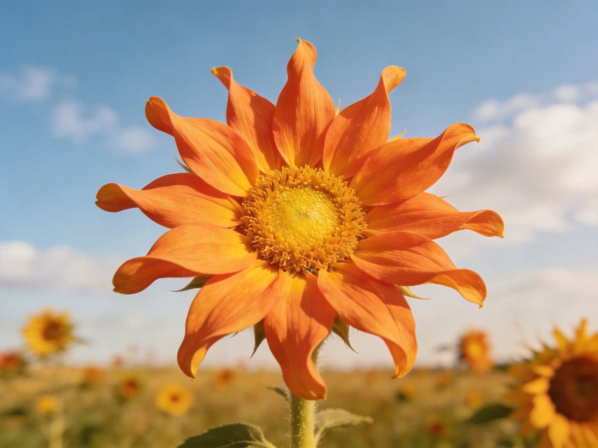A vibrant orange sunflower stands out in a sunflower field under a clear blue sky.