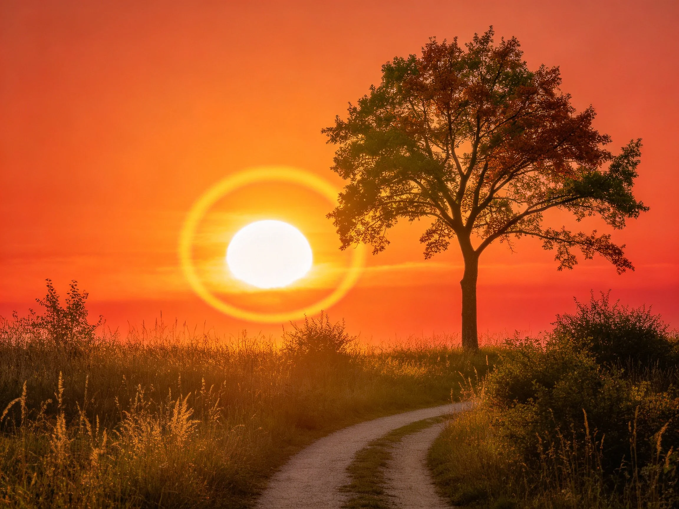 A vibrant orange sunset illuminates a lone tree beside a winding dirt path