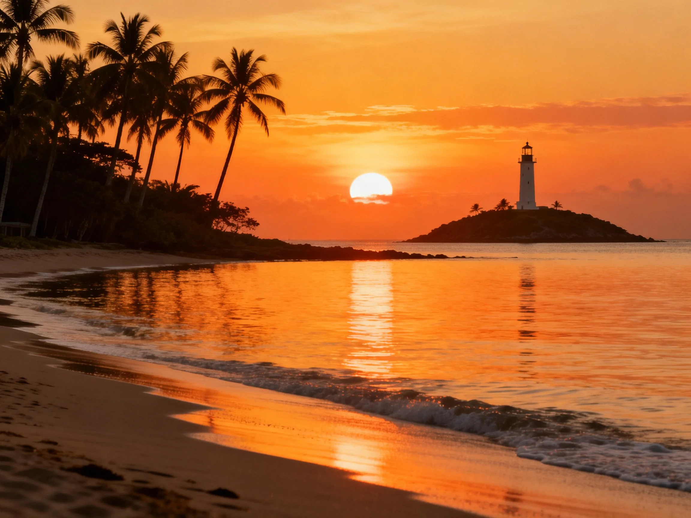 A vibrant orange sunset over a tropical beach with palm trees and a lighthouse
