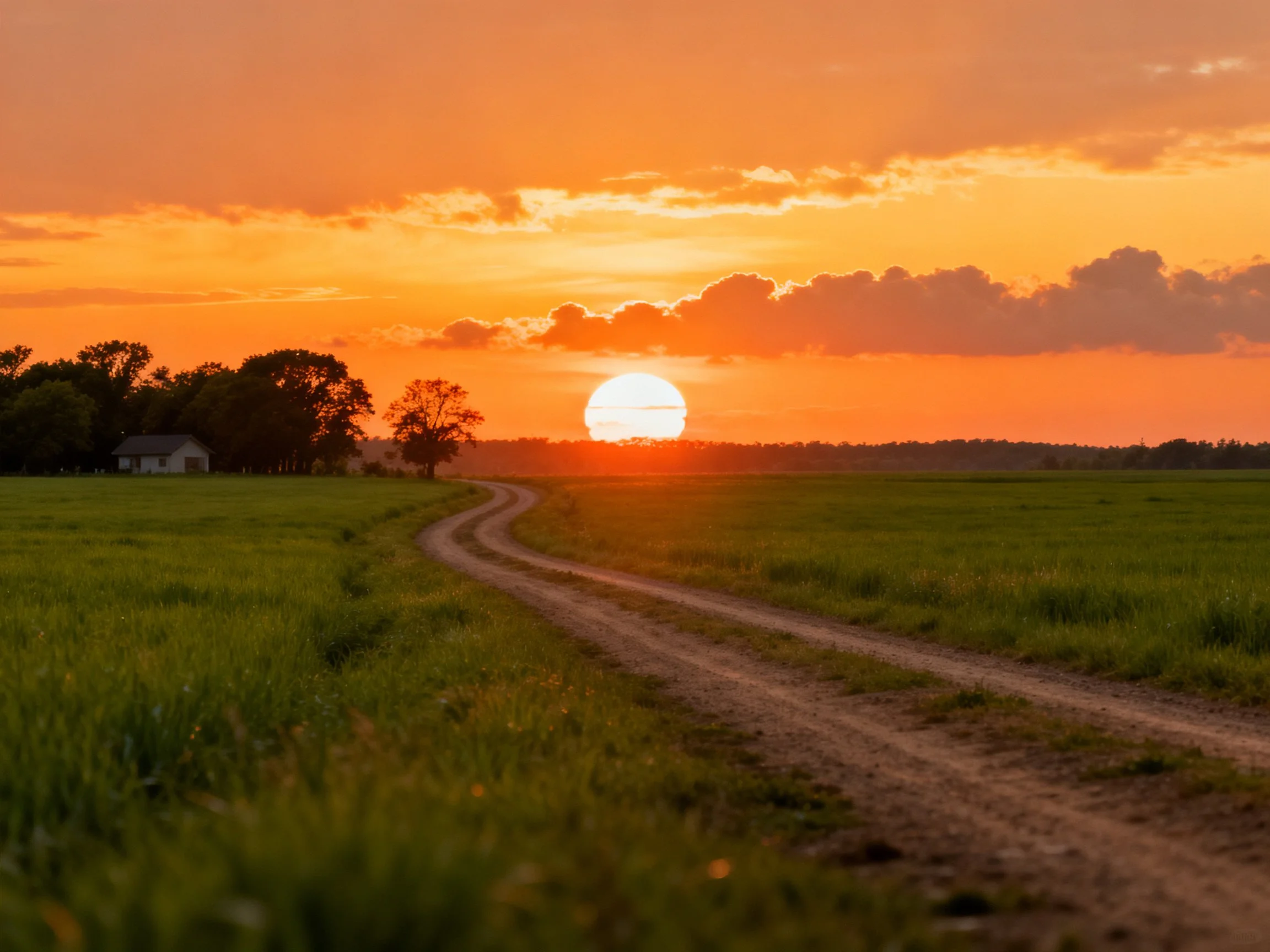 A vibrant orange sunset over winding dirt road through lush green fields