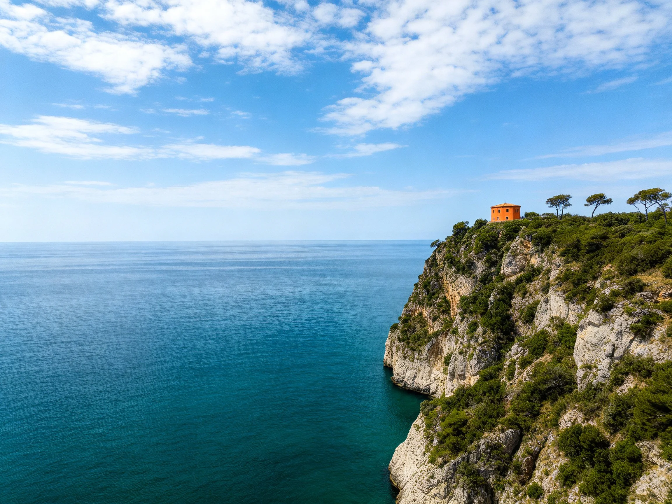 A vibrant orange tower atop rugged cliffs overlooking turquoise waters