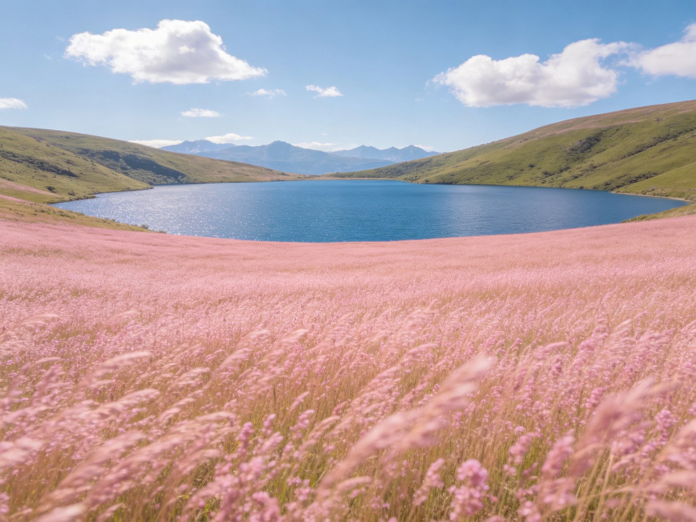 A vibrant pink meadow surrounds a serene blue lake amid green hills