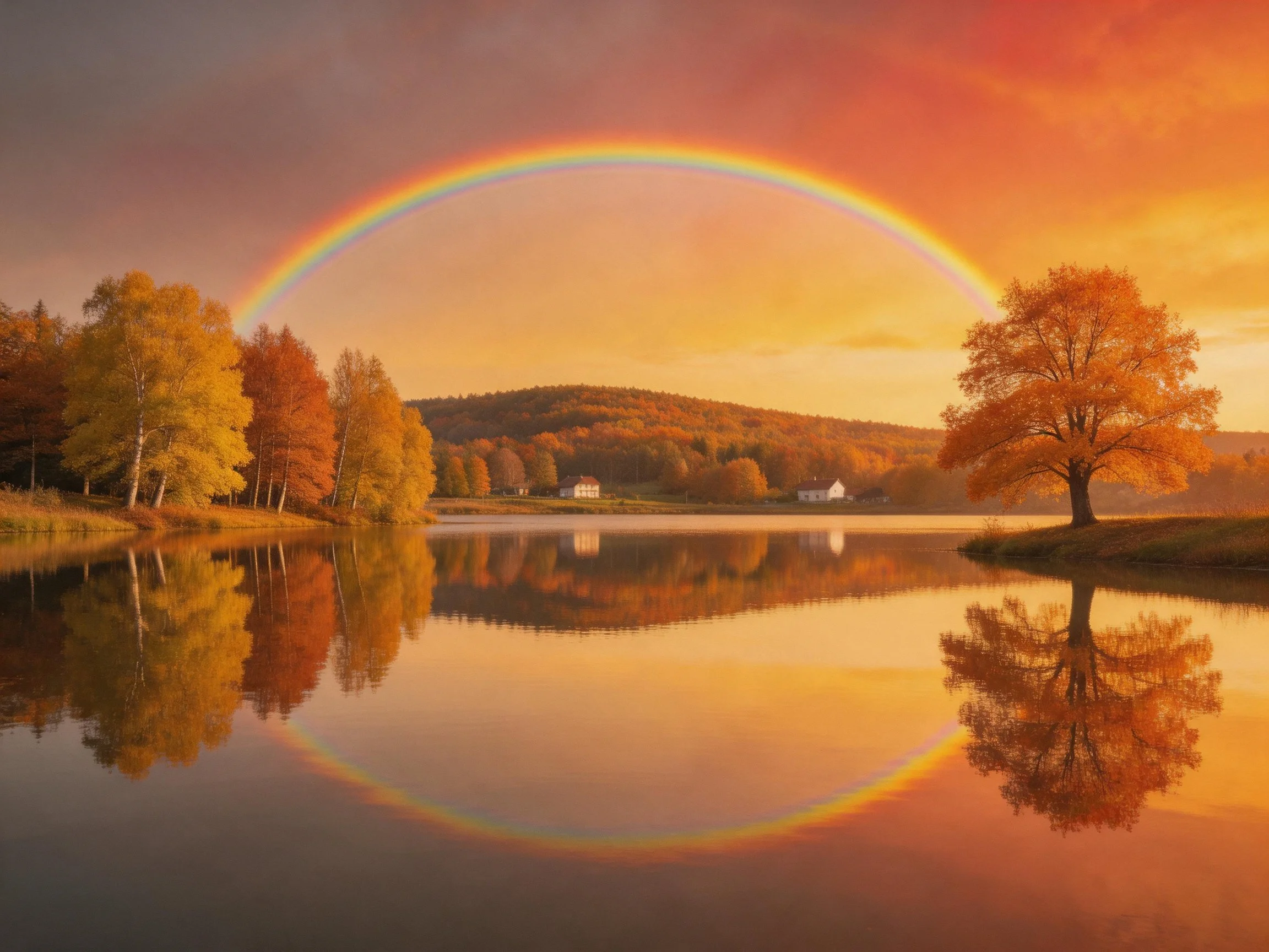 A vibrant rainbow arches over an autumn lakeside with golden foliage