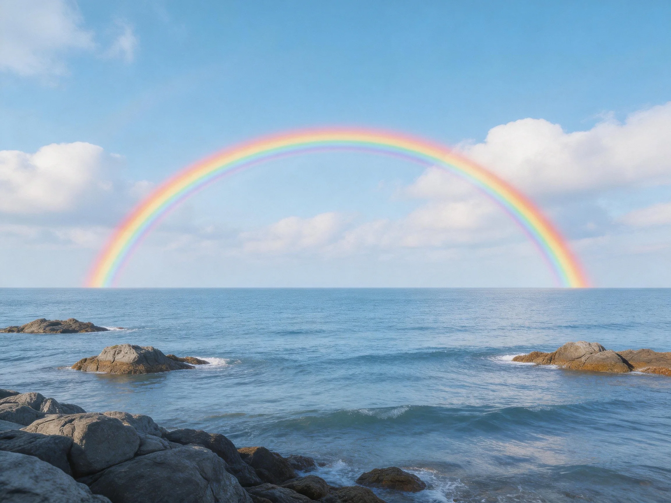 A vibrant rainbow arcs over calm blue sea with rocky shoreline