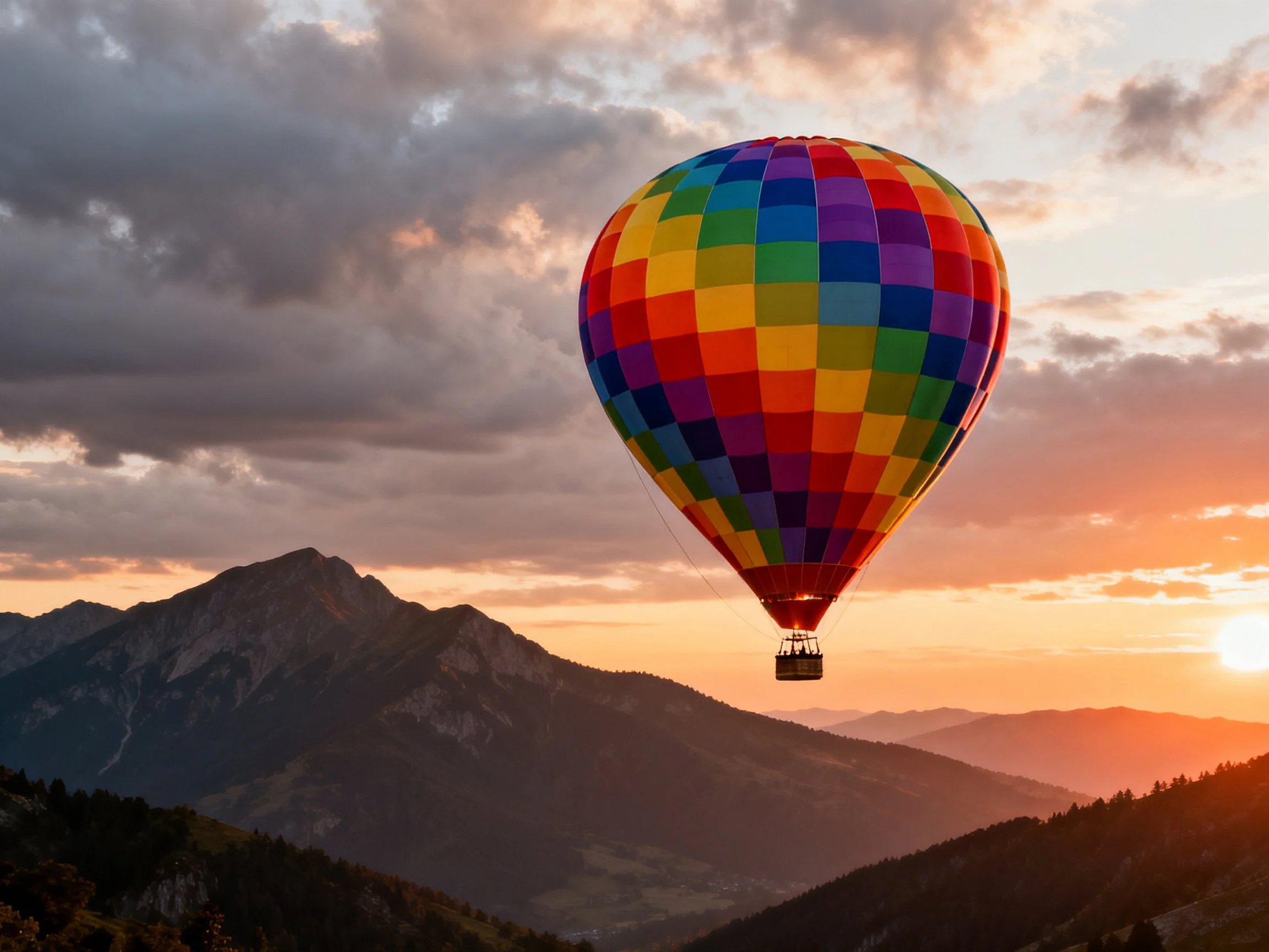 A vibrant rainbow-patterned hot air balloon floats over mountainous terrain at sunset.