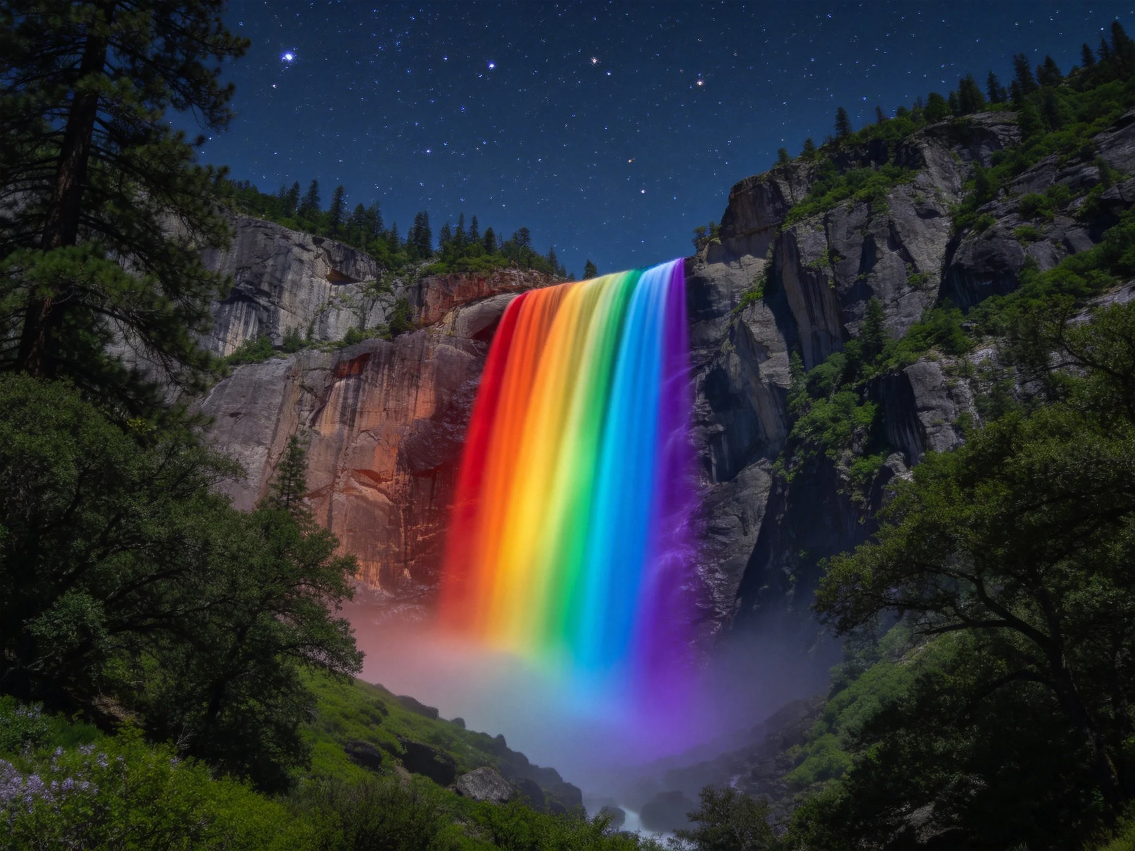 A vibrant rainbow waterfall cascades down rocky cliffs at night