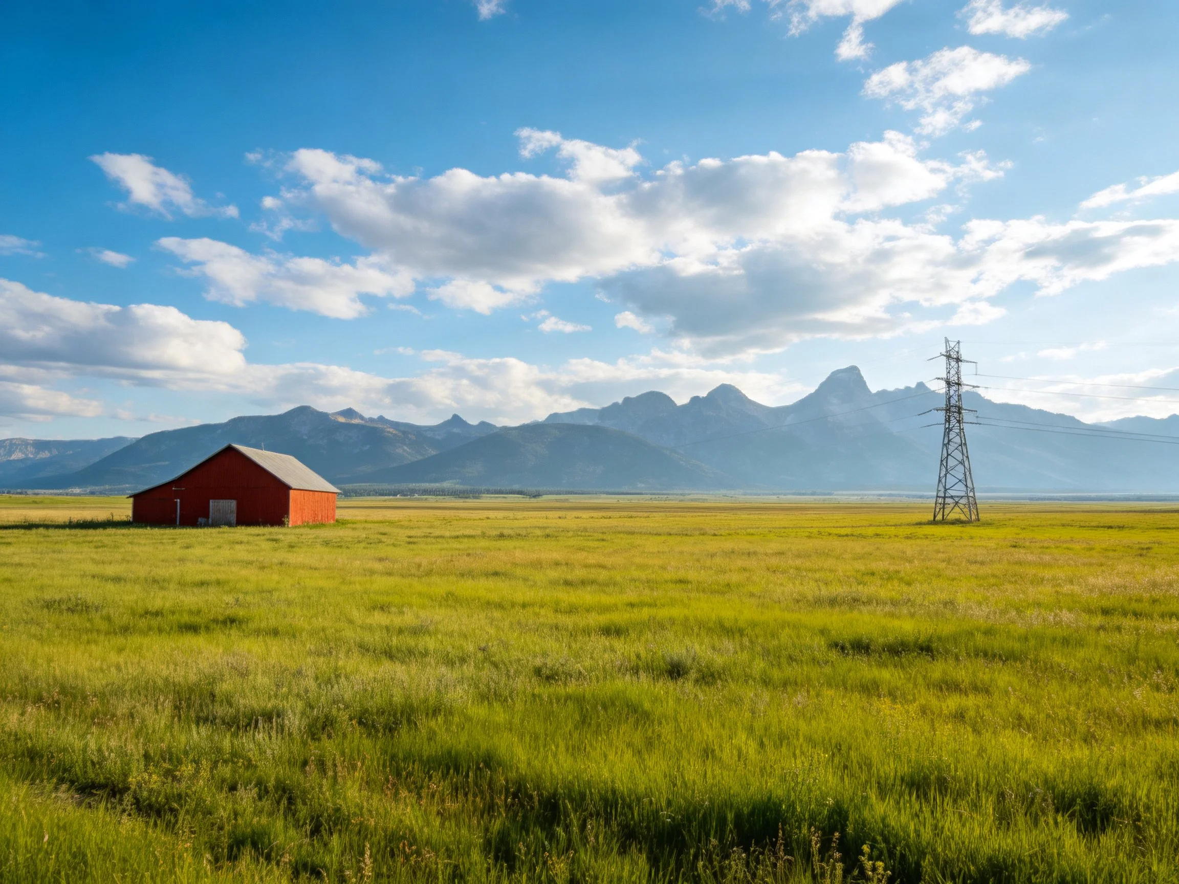 A vibrant red barn in a vast green field with distant mountain peaks